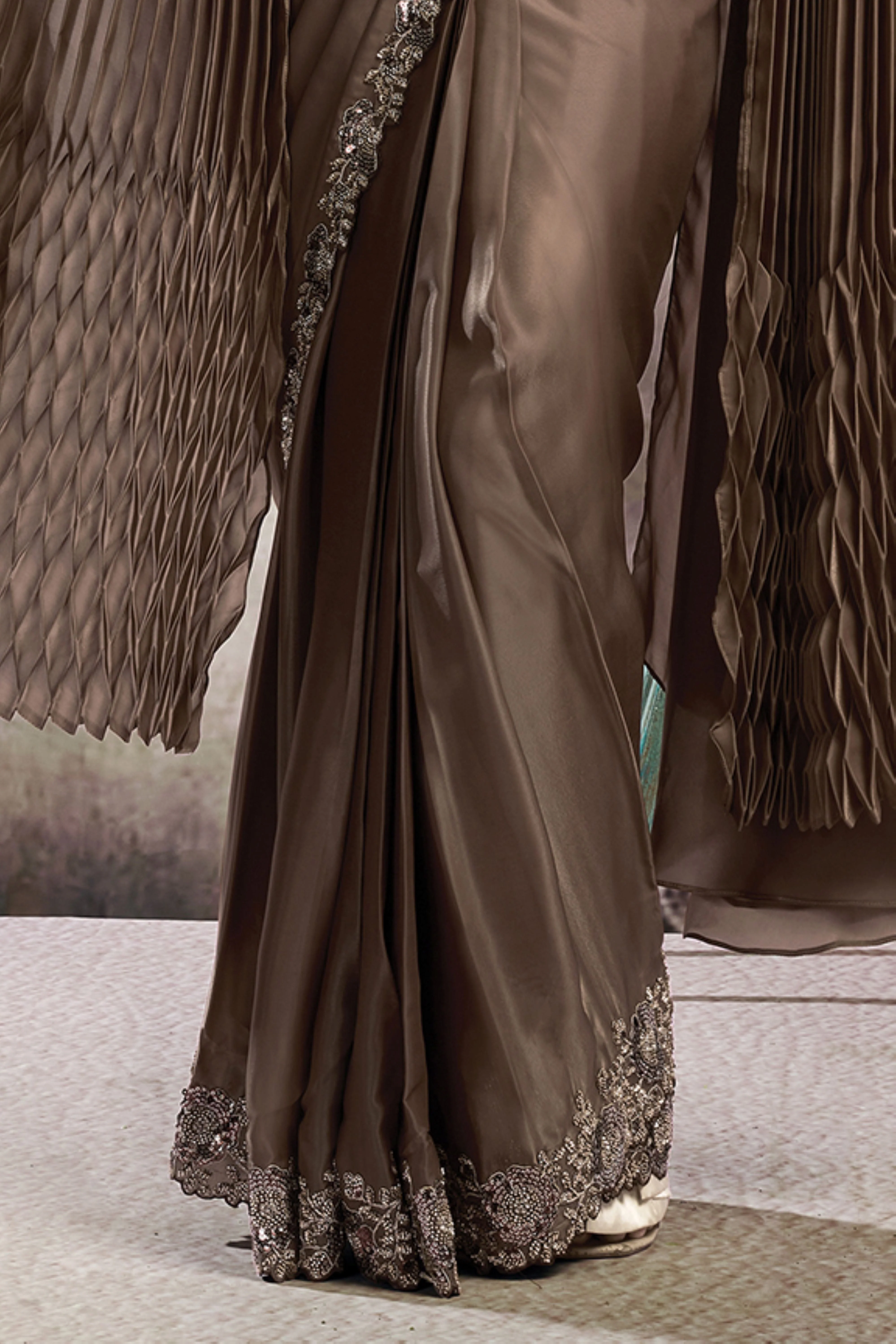 Metallic Brown Embellished Satin Silk Draped Saree - Image 5