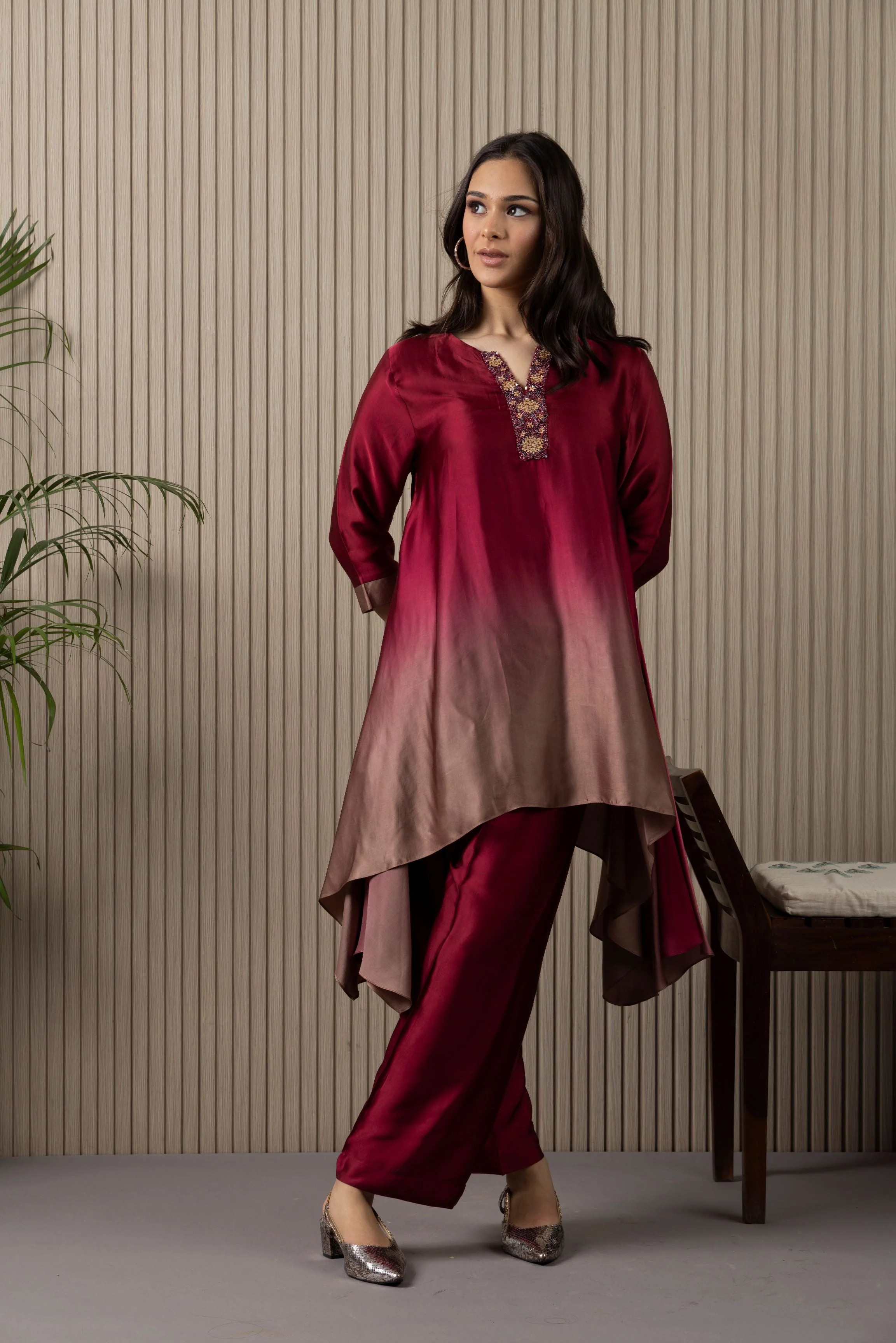 Wine Ombre-Dyed Pure Satin Silk Co-Ord Set - Image 2