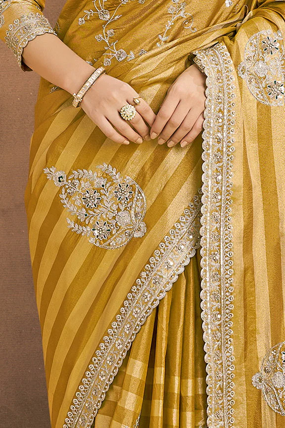 Golden Yellow Embellished Kanjivaram Zari Silk Saree - Image 3