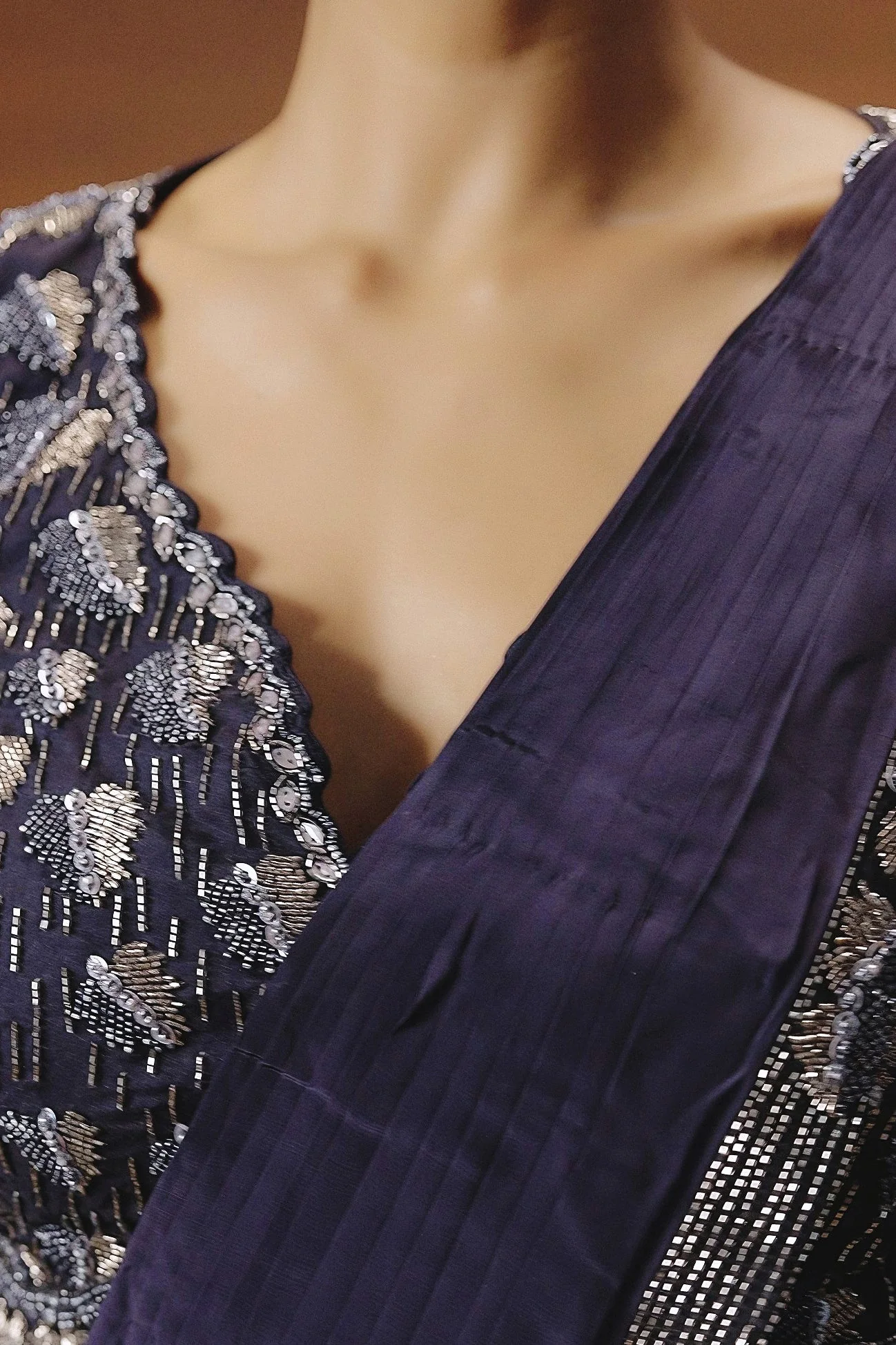 Deep Purple Embellished Satin Silk Drape Saree - Image 2