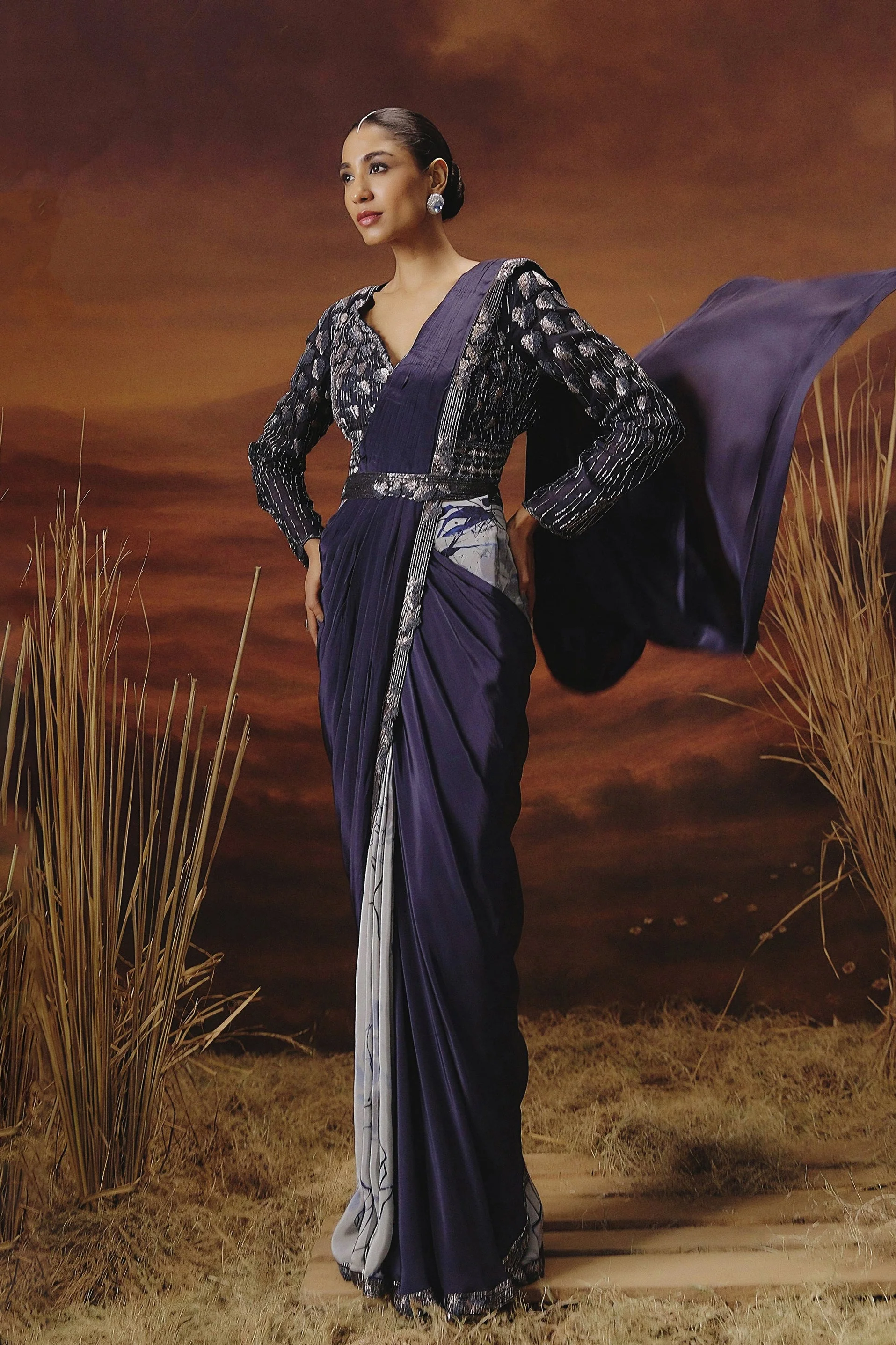 Deep Purple Embellished Satin Silk Drape Saree - Image 5