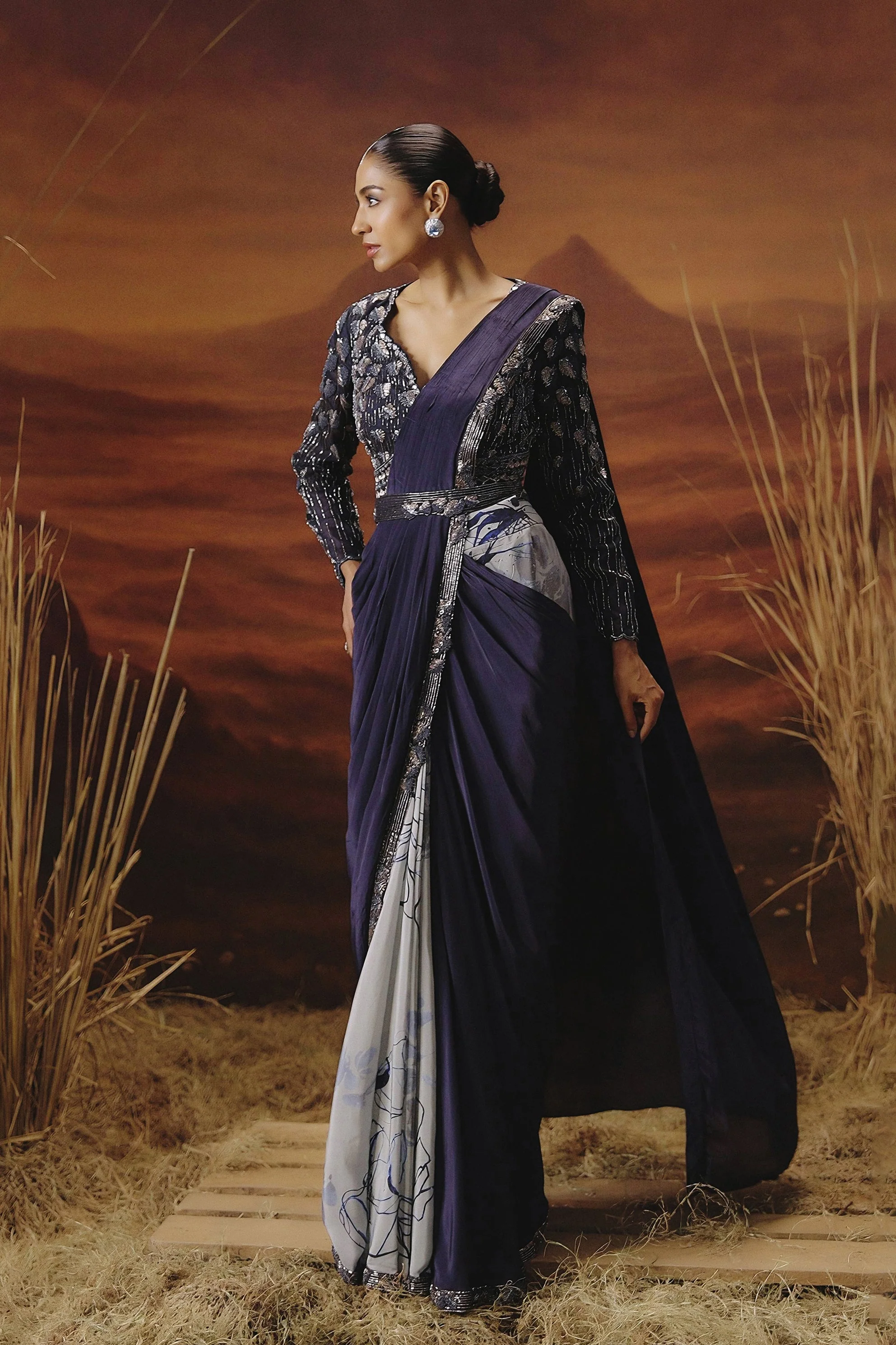 Deep Purple Embellished Satin Silk Drape Saree - Image 6
