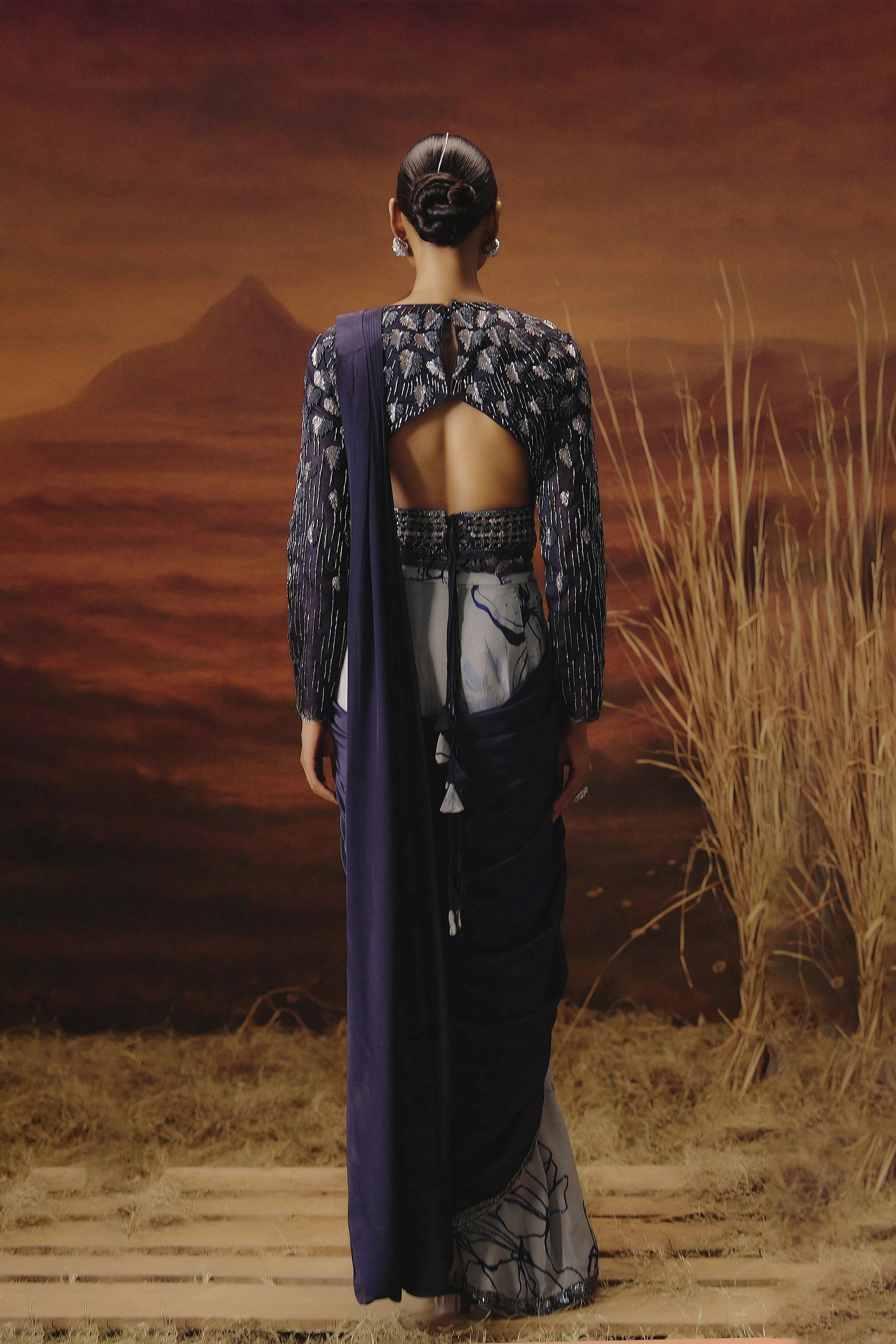 Deep Purple Embellished Satin Silk Drape Saree - Image 7
