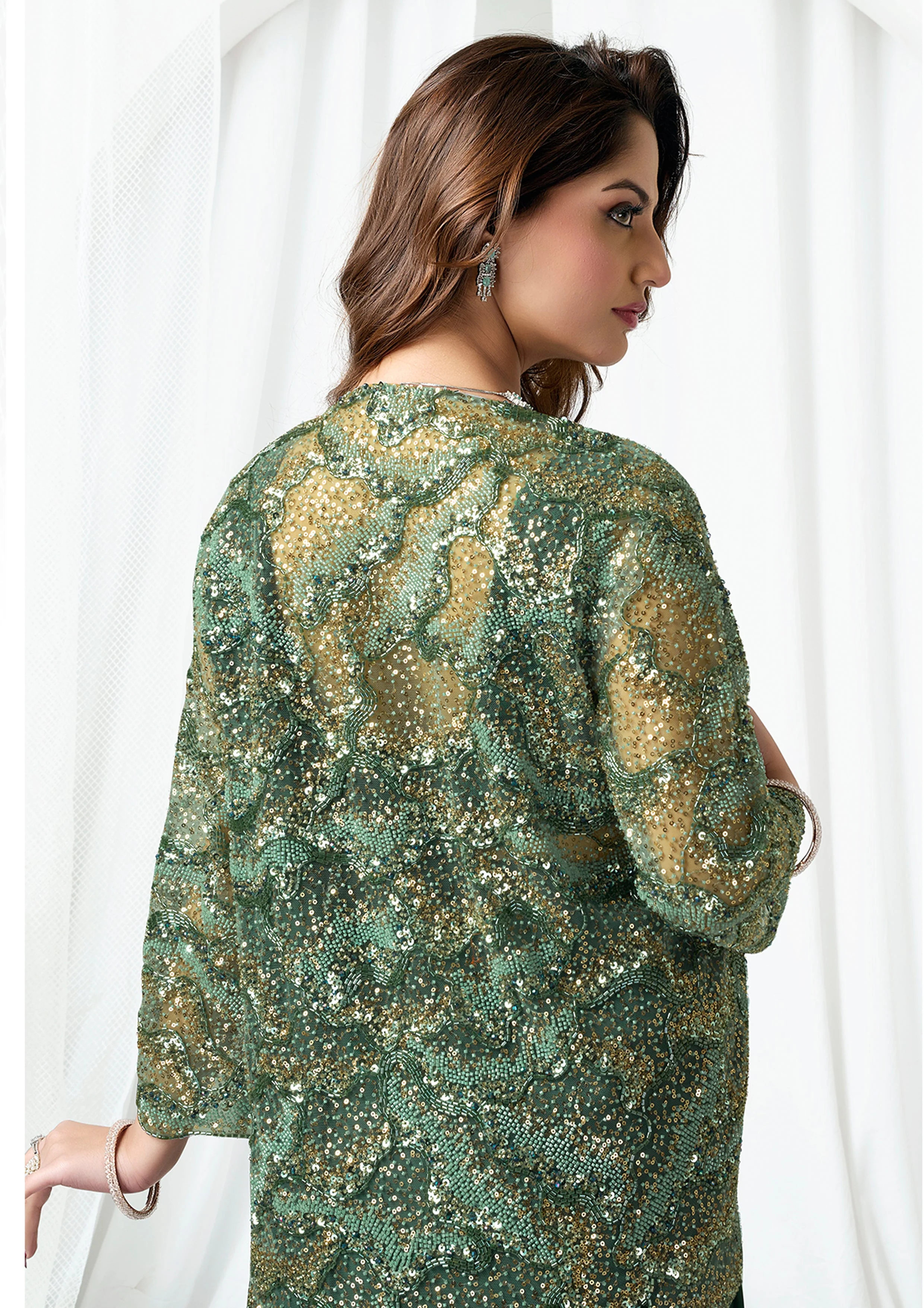 Bottle Green Embellished Metallic Satin Silk Saree - Image 4