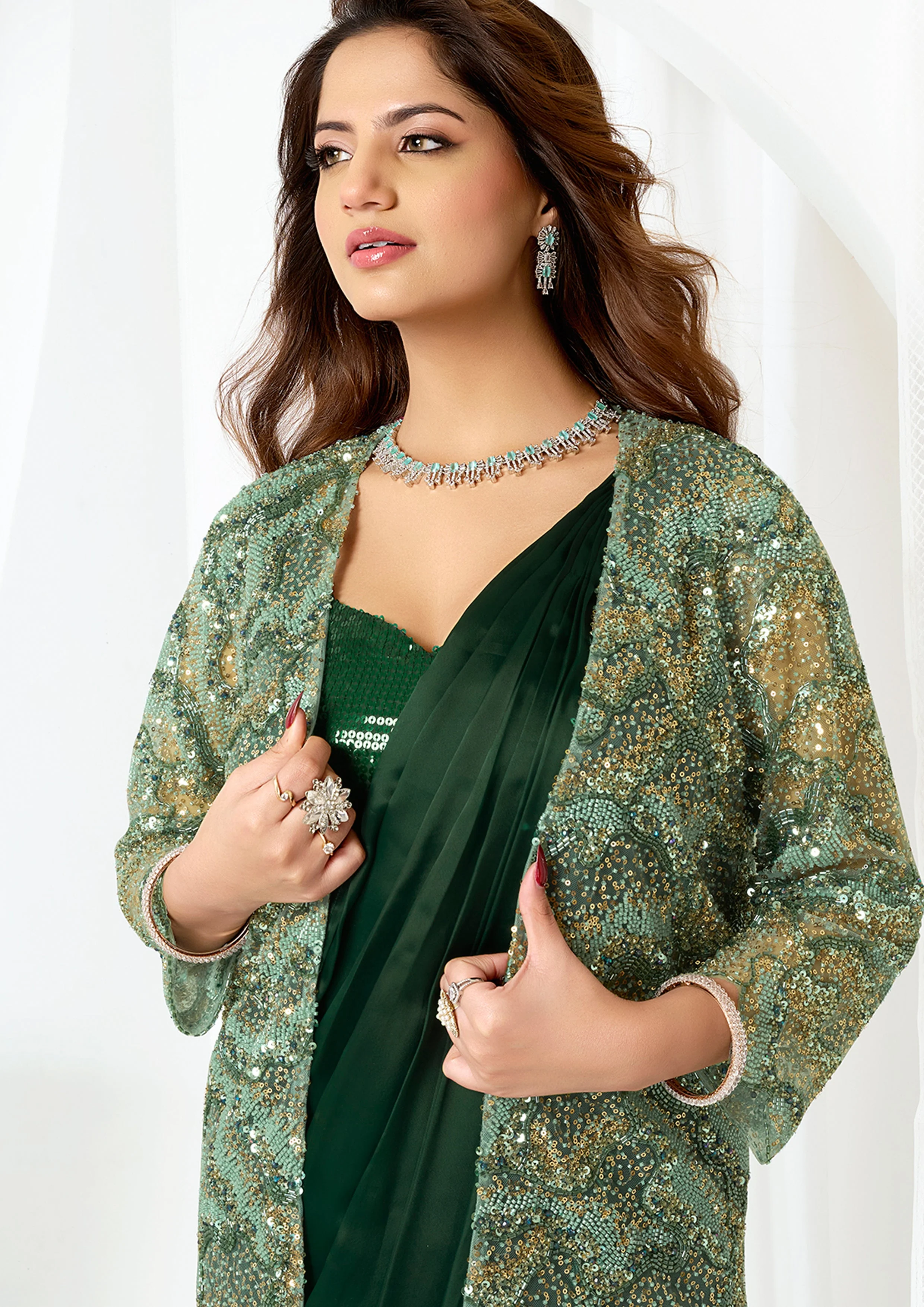 Bottle Green Embellished Metallic Satin Silk Saree - Image 5