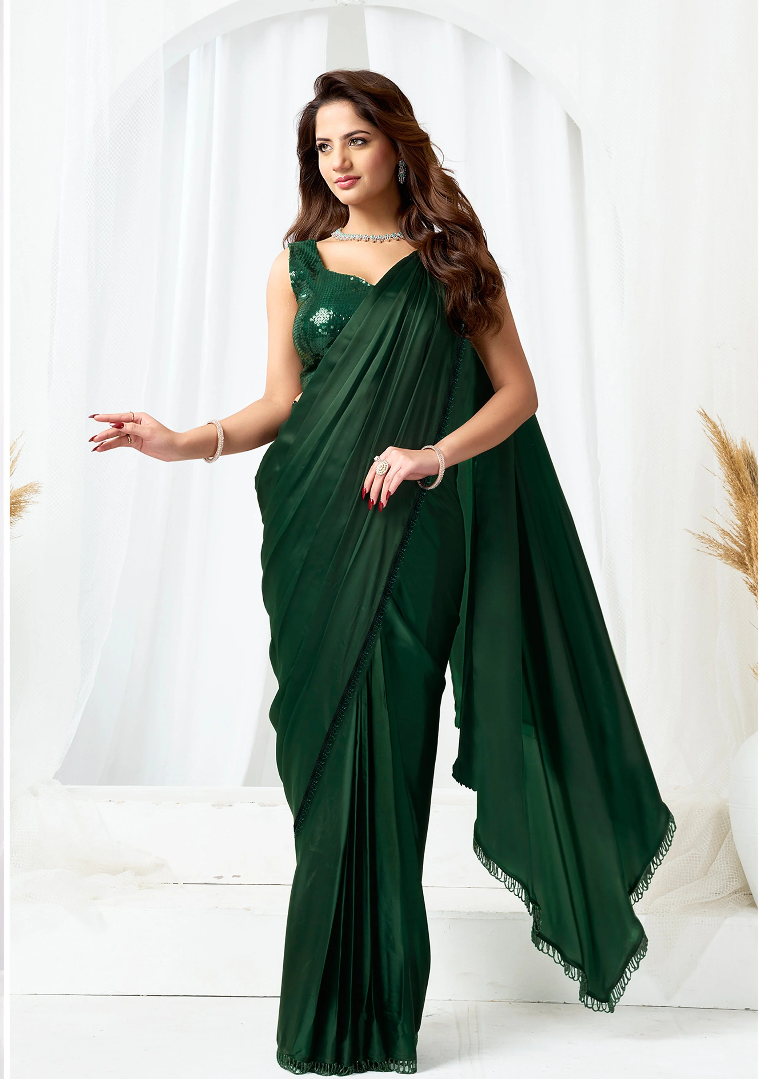 Bottle Green Embellished Metallic Satin Silk Saree - Image 6