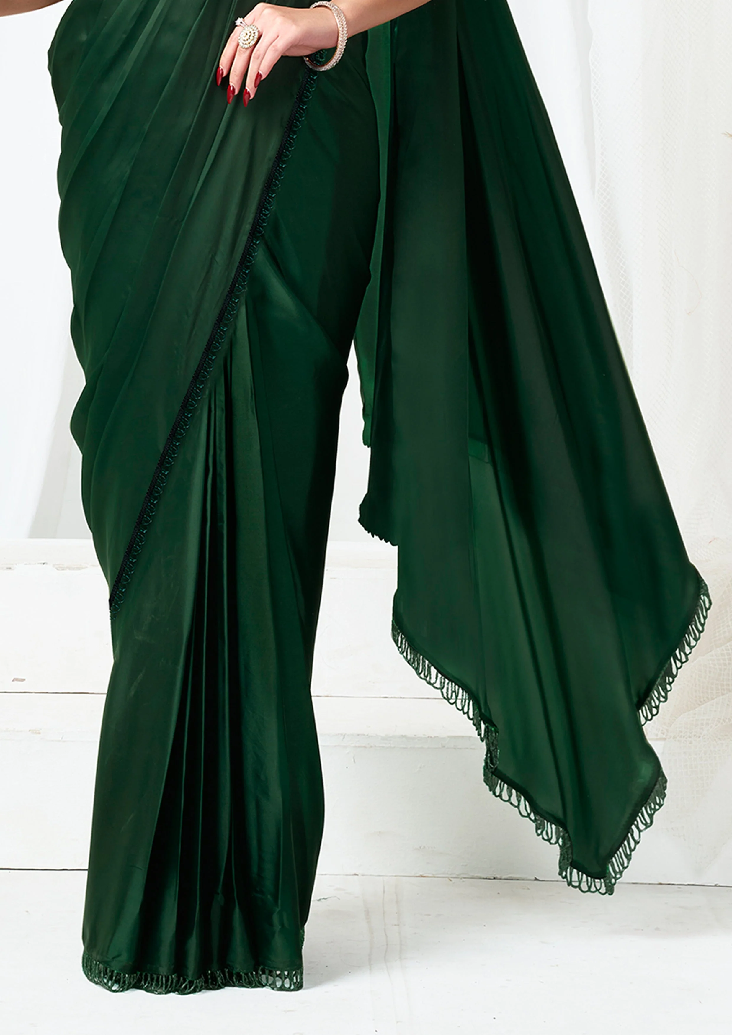 Bottle Green Embellished Metallic Satin Silk Saree - Image 7
