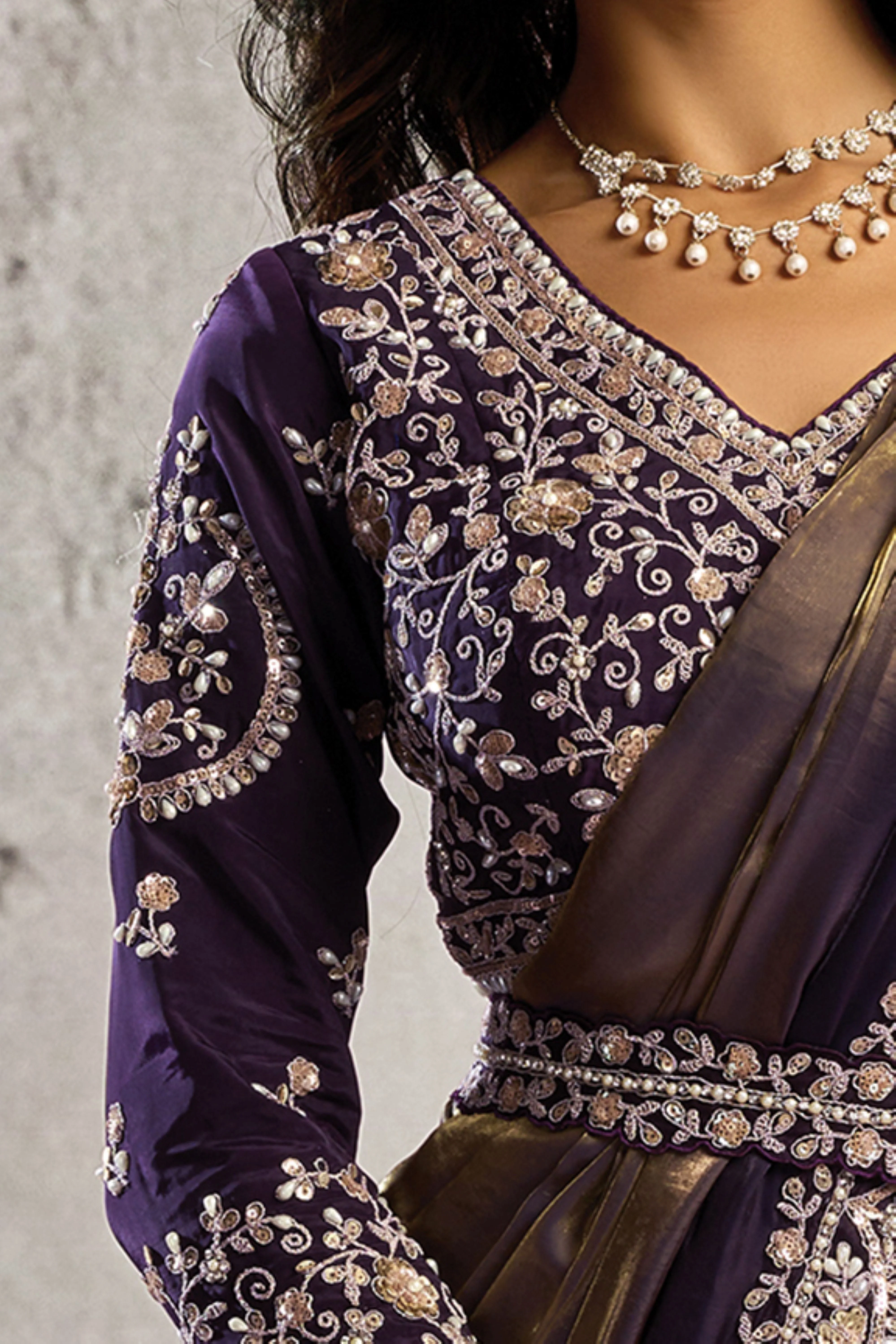 Metallic Purple Embellished Satin Silk Draped Saree - Image 2