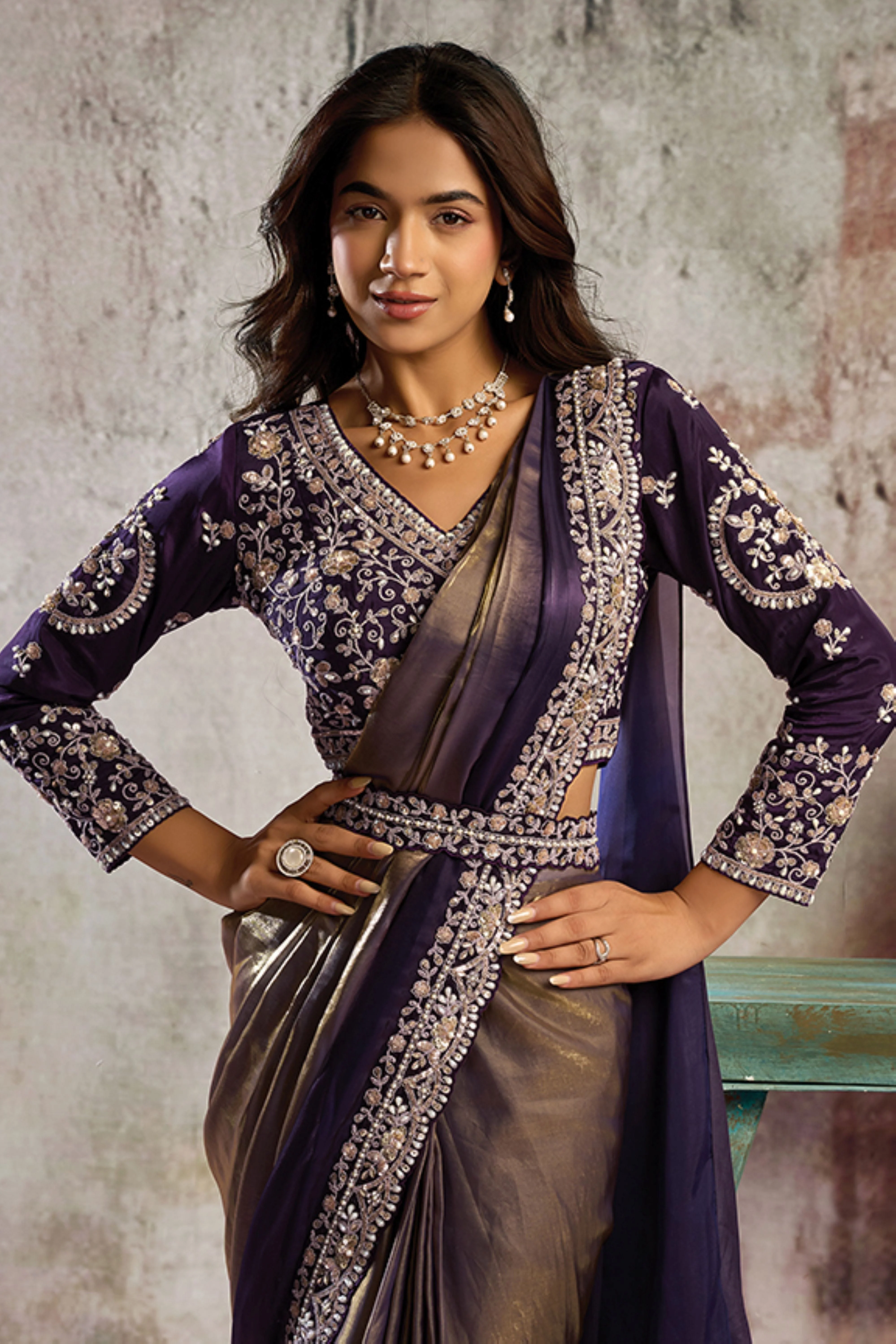 Metallic Purple Embellished Satin Silk Draped Saree - Image 3