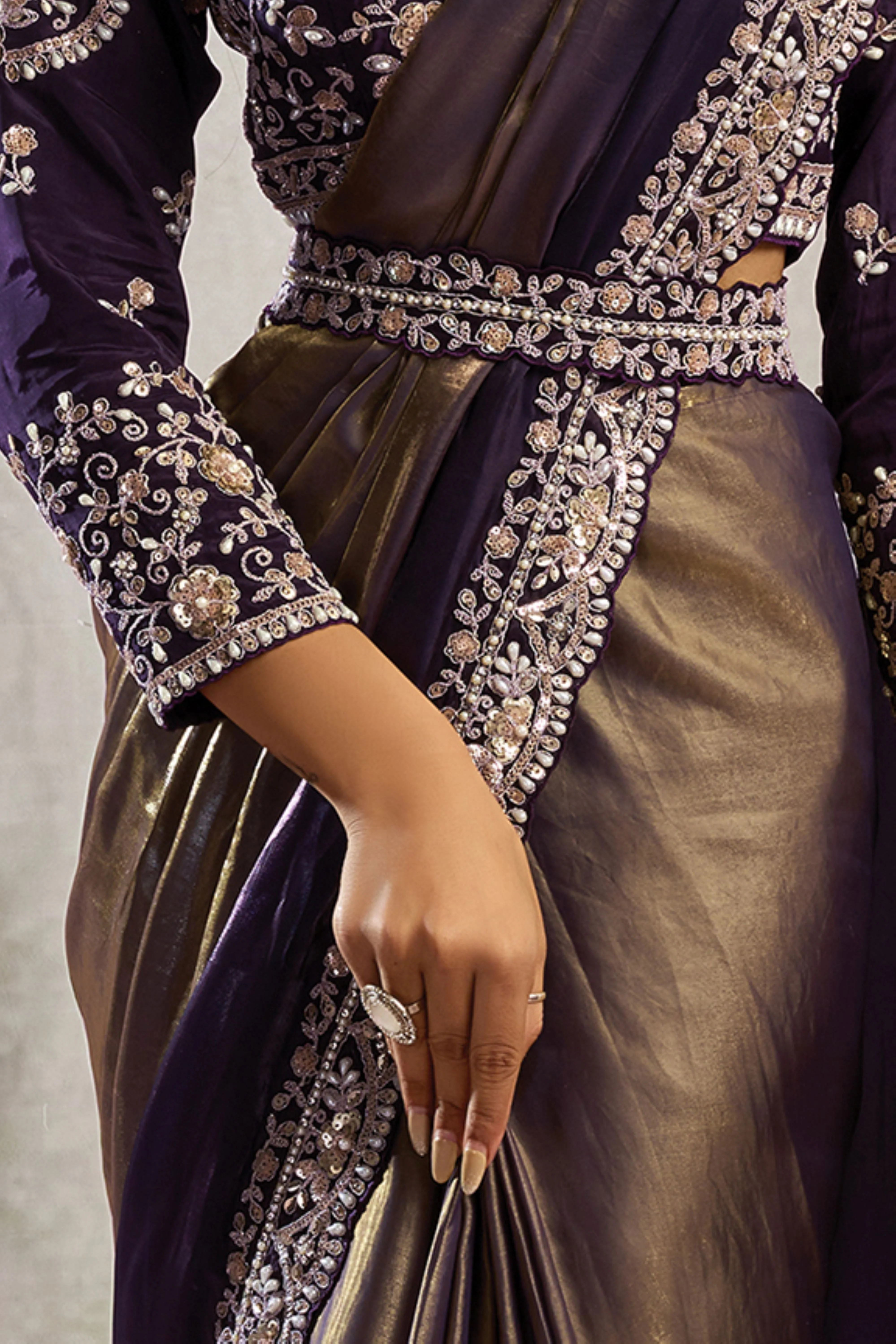 Metallic Purple Embellished Satin Silk Draped Saree - Image 4