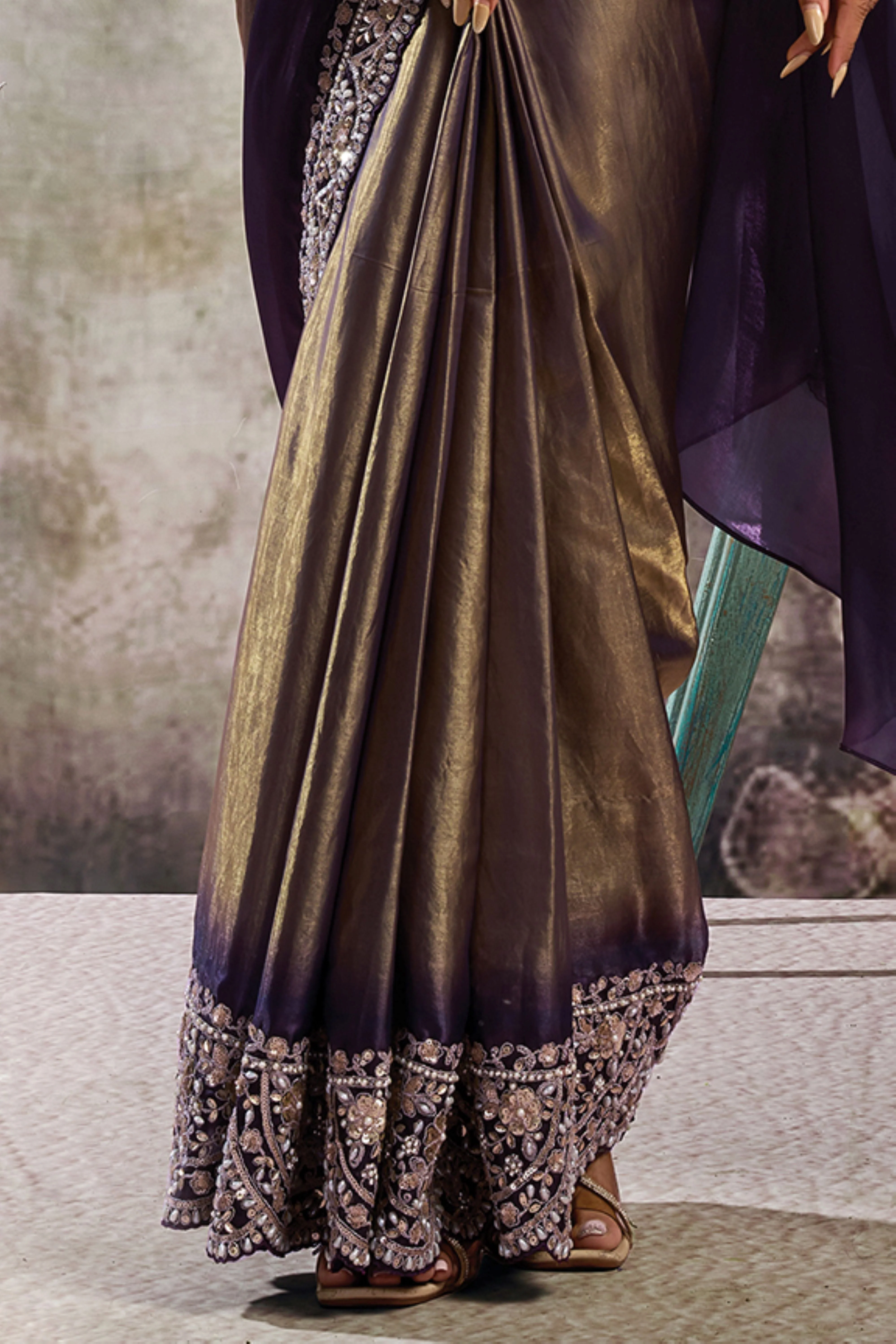 Metallic Purple Embellished Satin Silk Draped Saree - Image 5