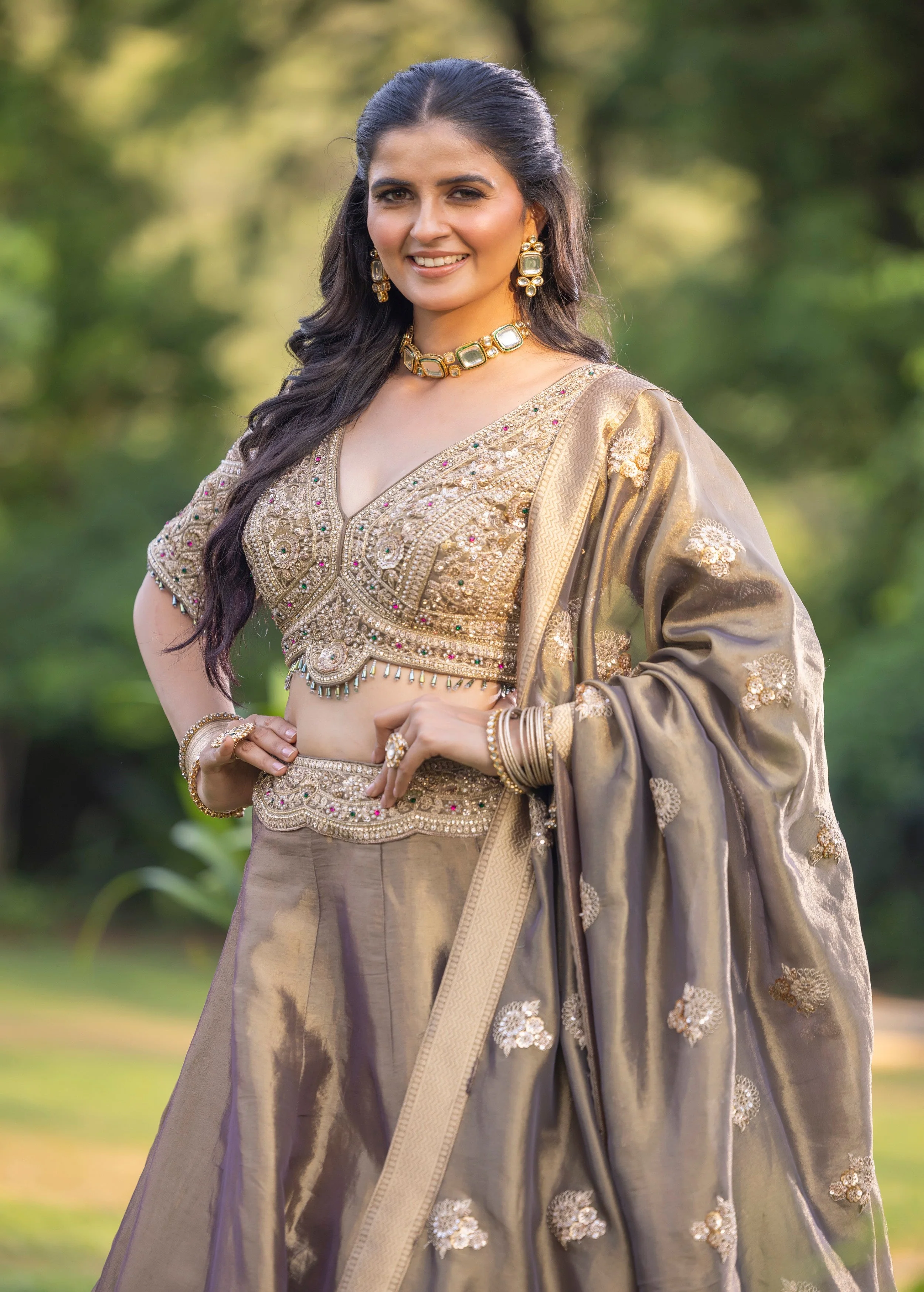 Metallic Taupe Embellished Banarasi Silk Lehenga Set - Image 2