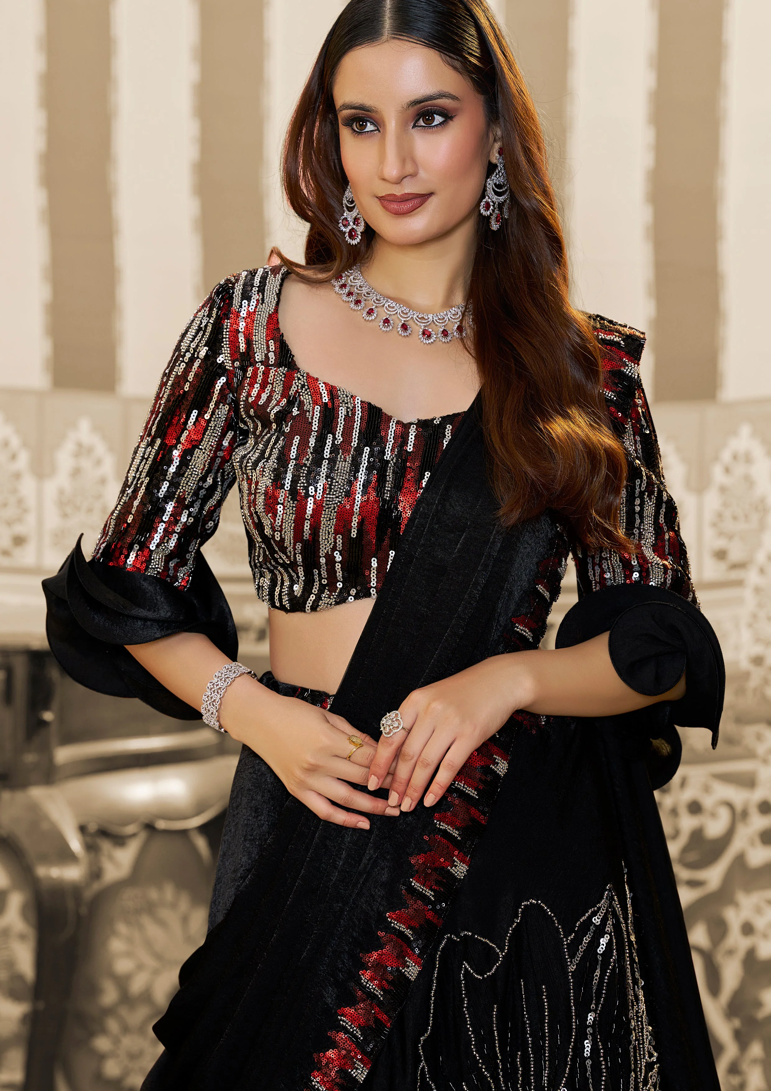 Midnight Black Embellished Satin Silk Lehenga Saree - Image 3