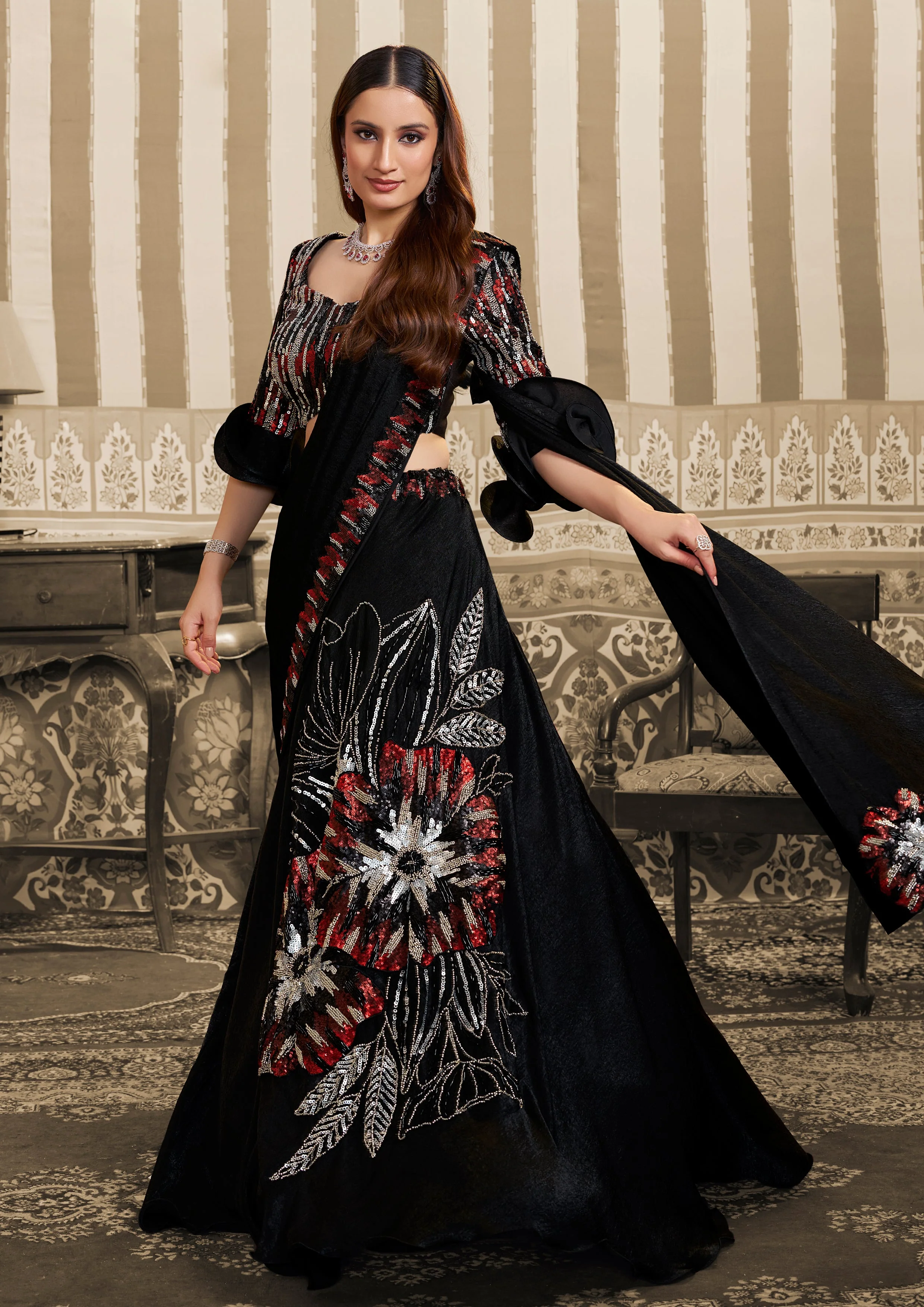 Midnight Black Embellished Satin Silk Lehenga Saree - Image 4
