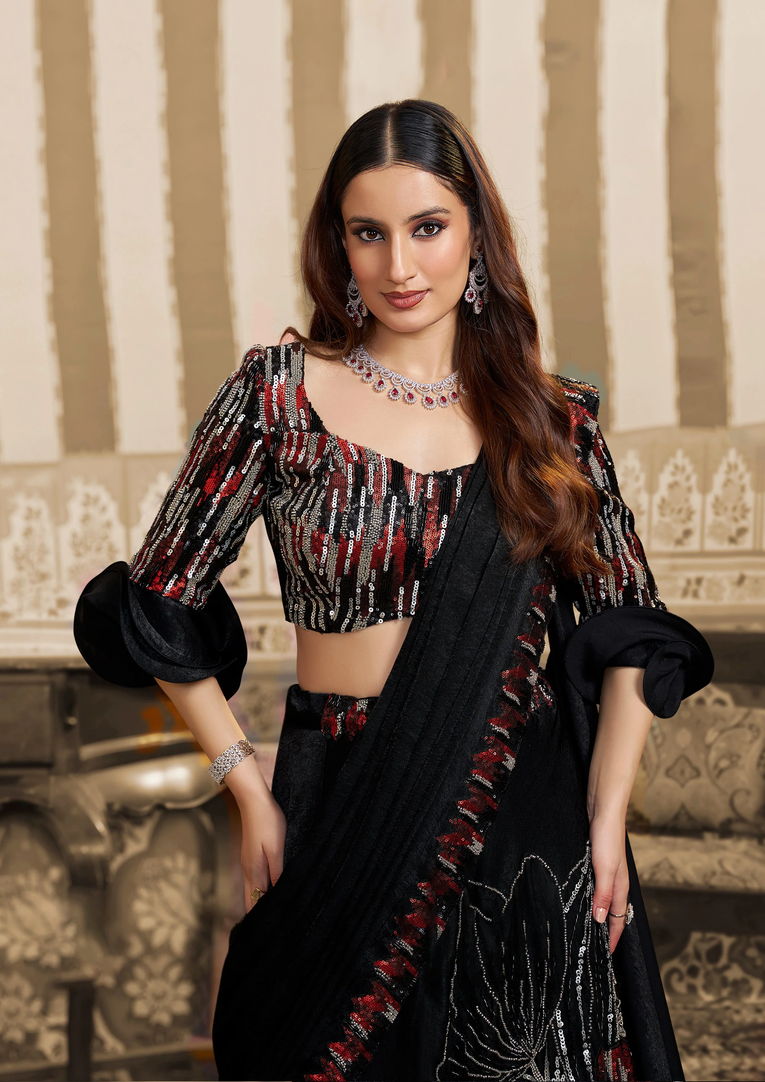 Midnight Black Embellished Satin Silk Lehenga Saree - Image 5