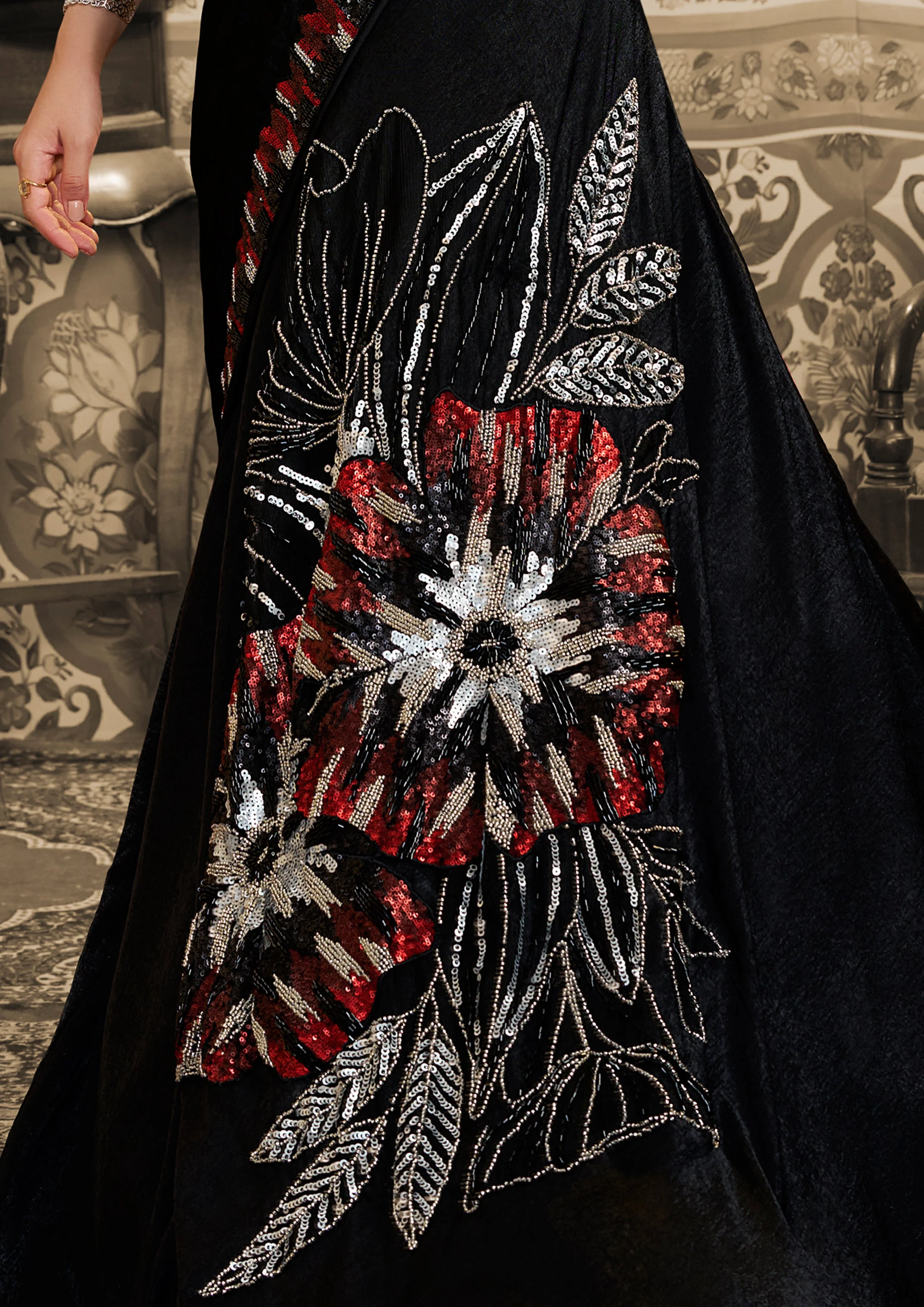 Midnight Black Embellished Satin Silk Lehenga Saree - Image 6