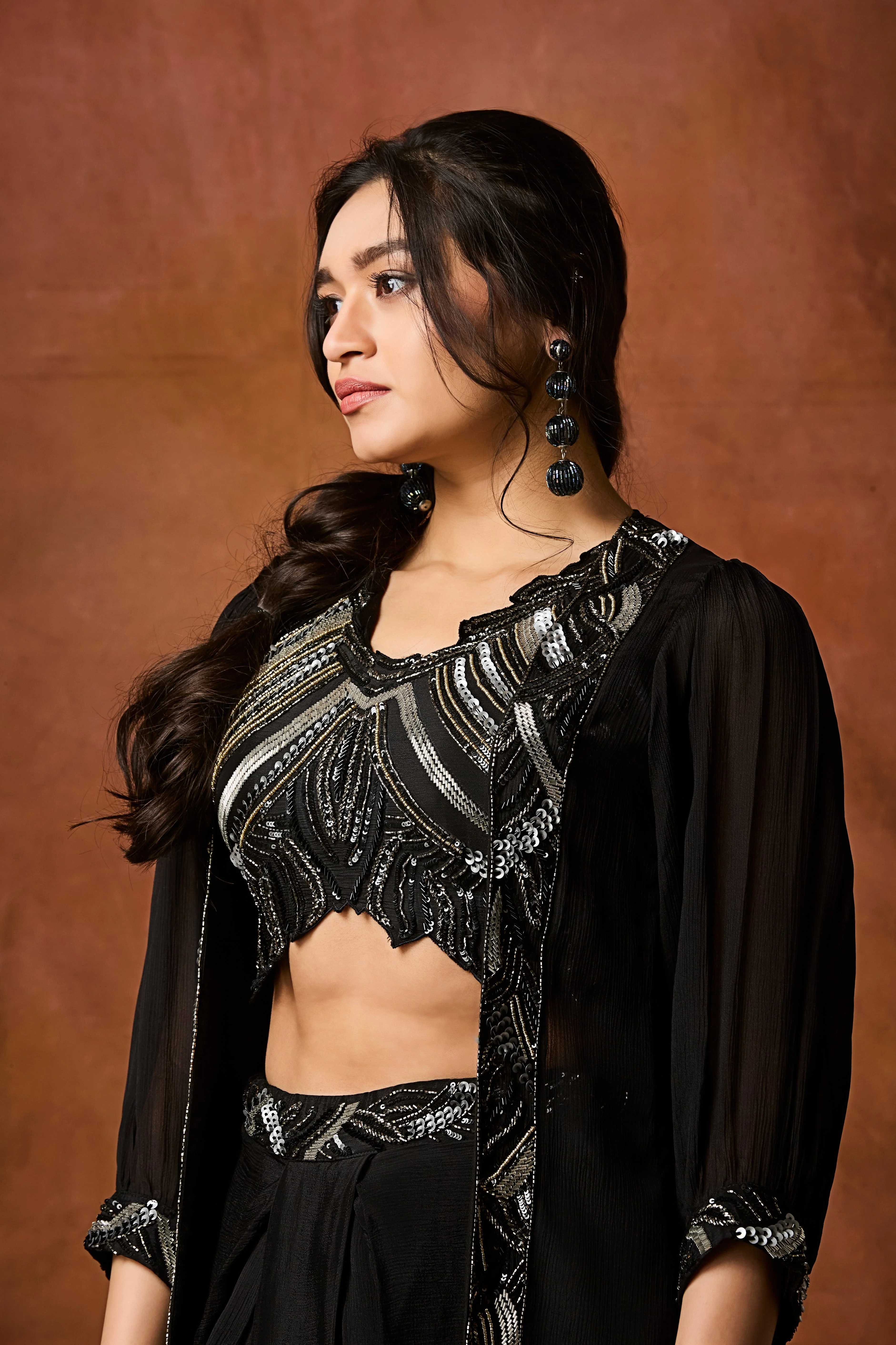 Midnight Black Embellished Chinon Silk Skirt Set - Image 2