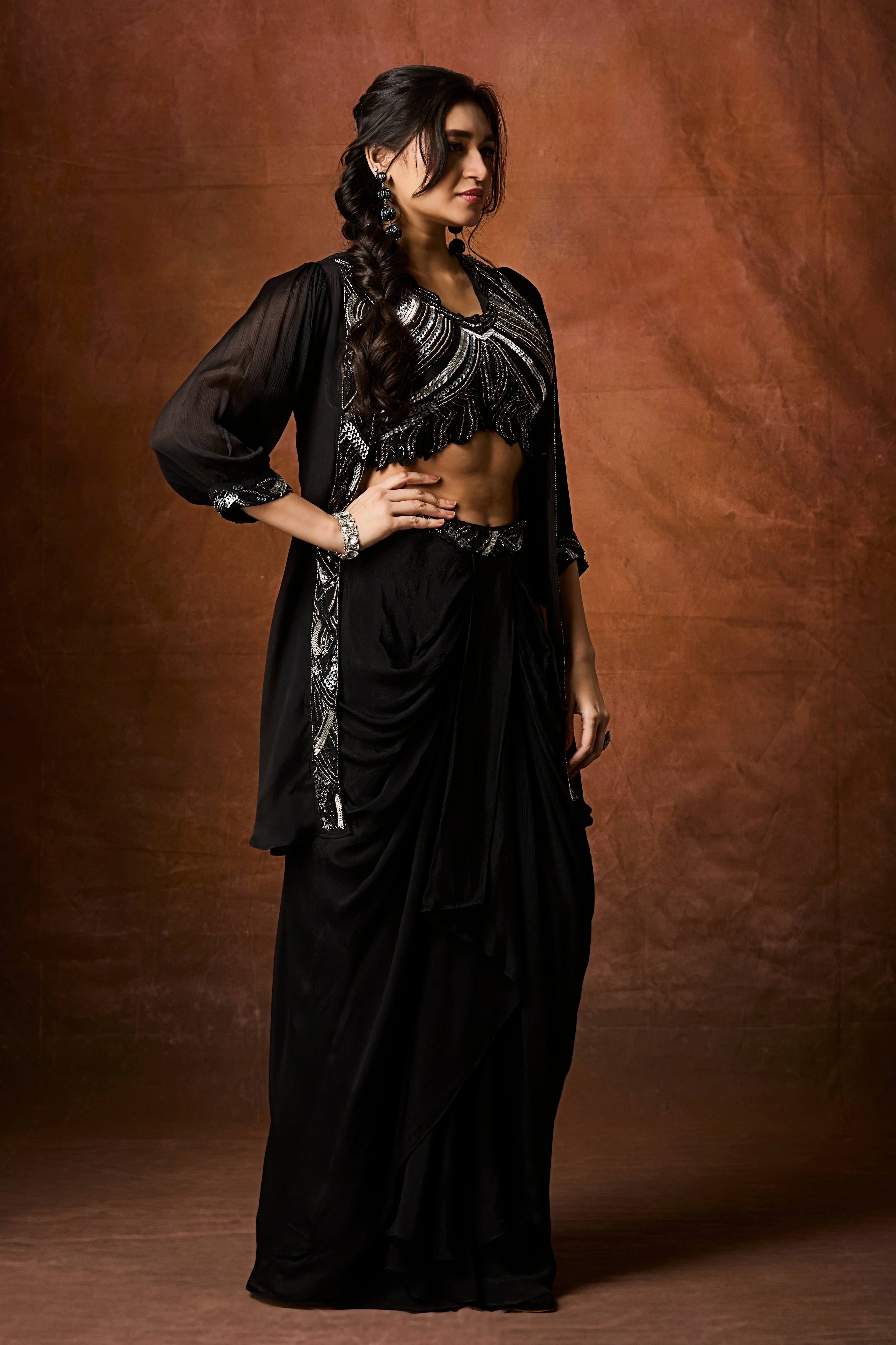 Midnight Black Embellished Chinon Silk Skirt Set - Image 4