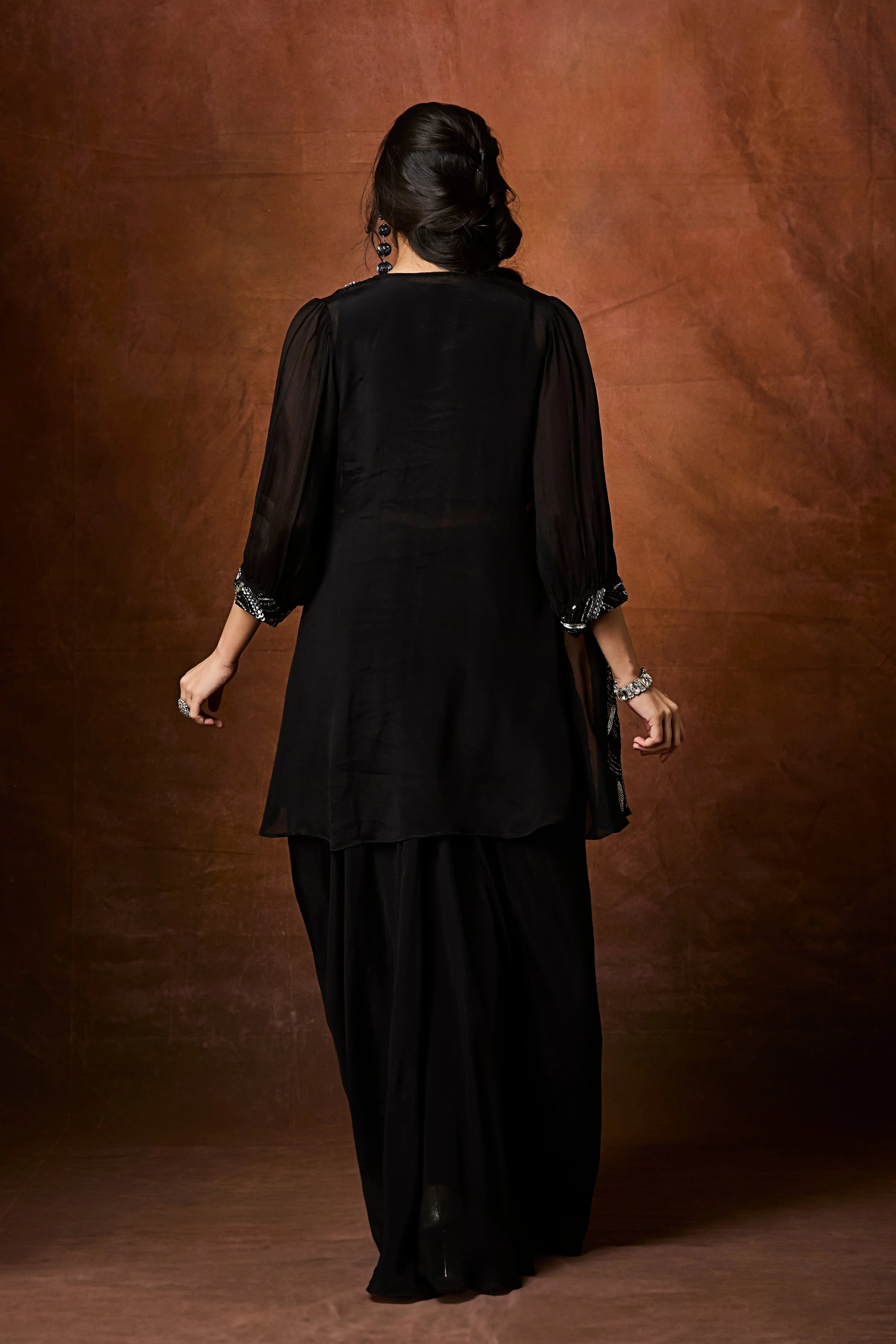 Midnight Black Embellished Chinon Silk Skirt Set - Image 5