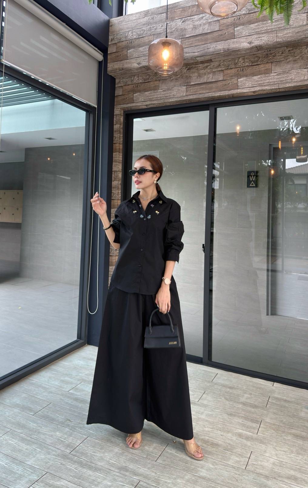 Midnight Black Embroidered Cotton Co-ord Set - Image 4