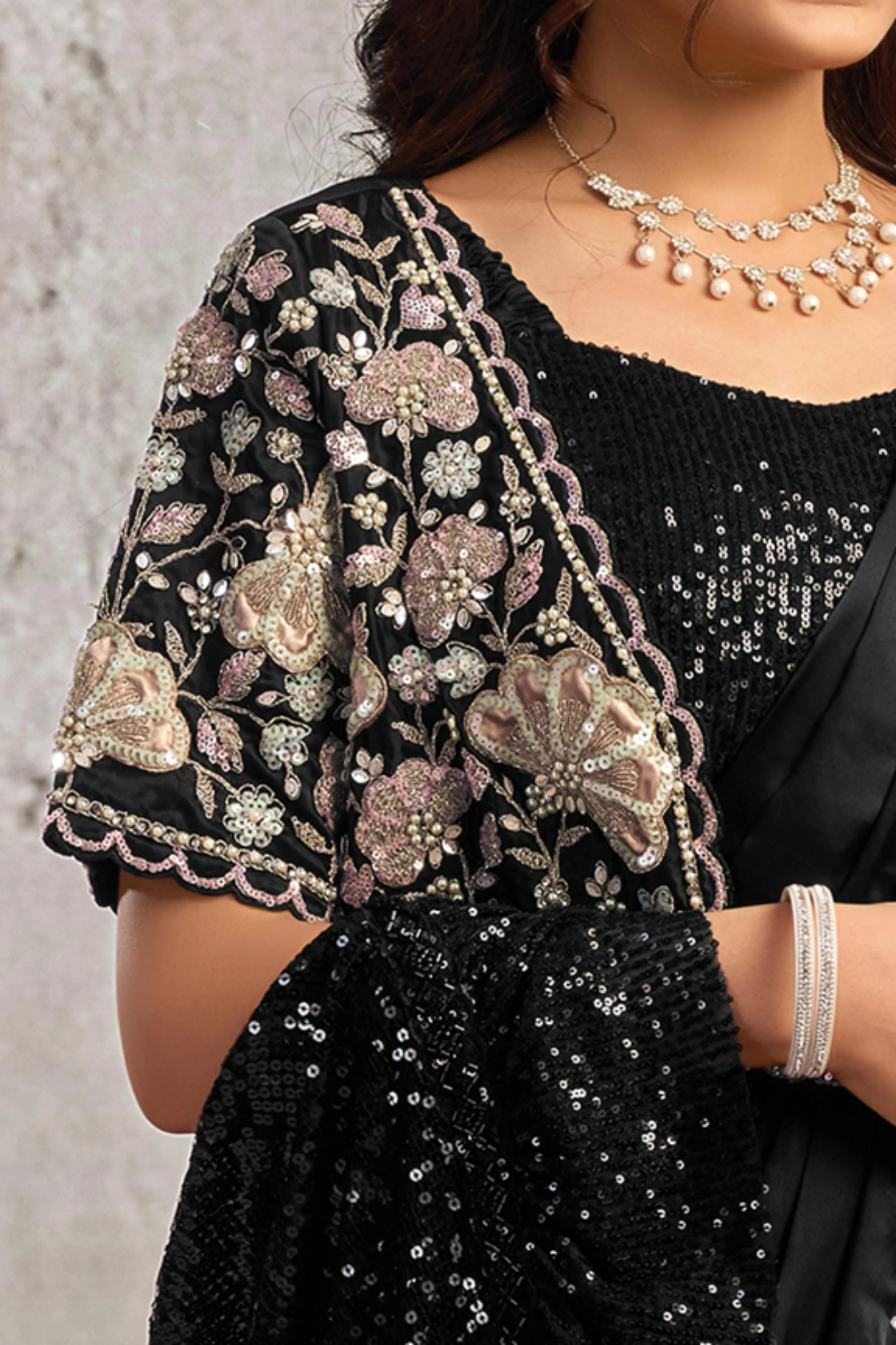 Midnight Black Embellished Satin Silk Draped Saree - Image 2