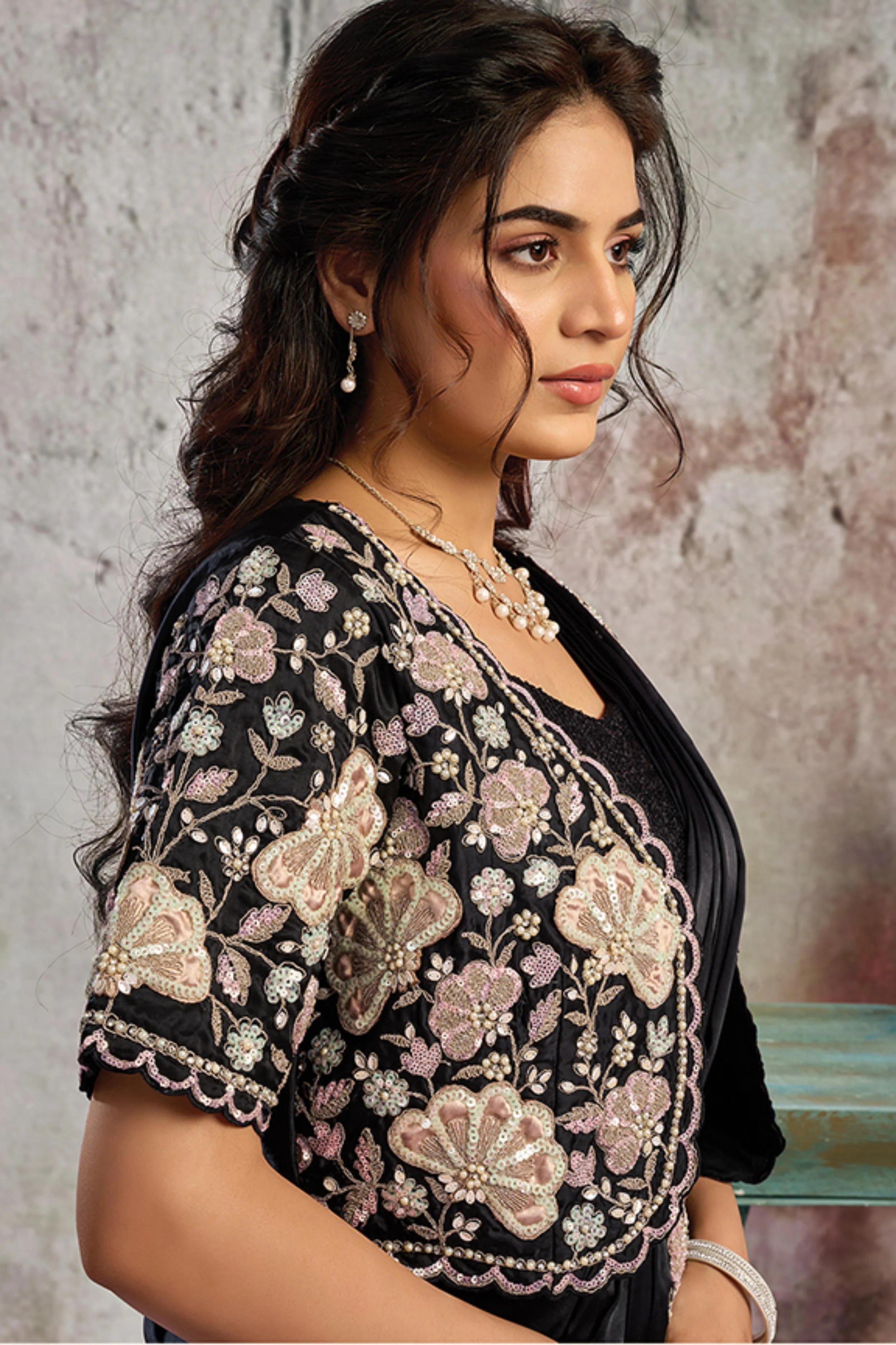 Midnight Black Embellished Satin Silk Draped Saree - Image 4