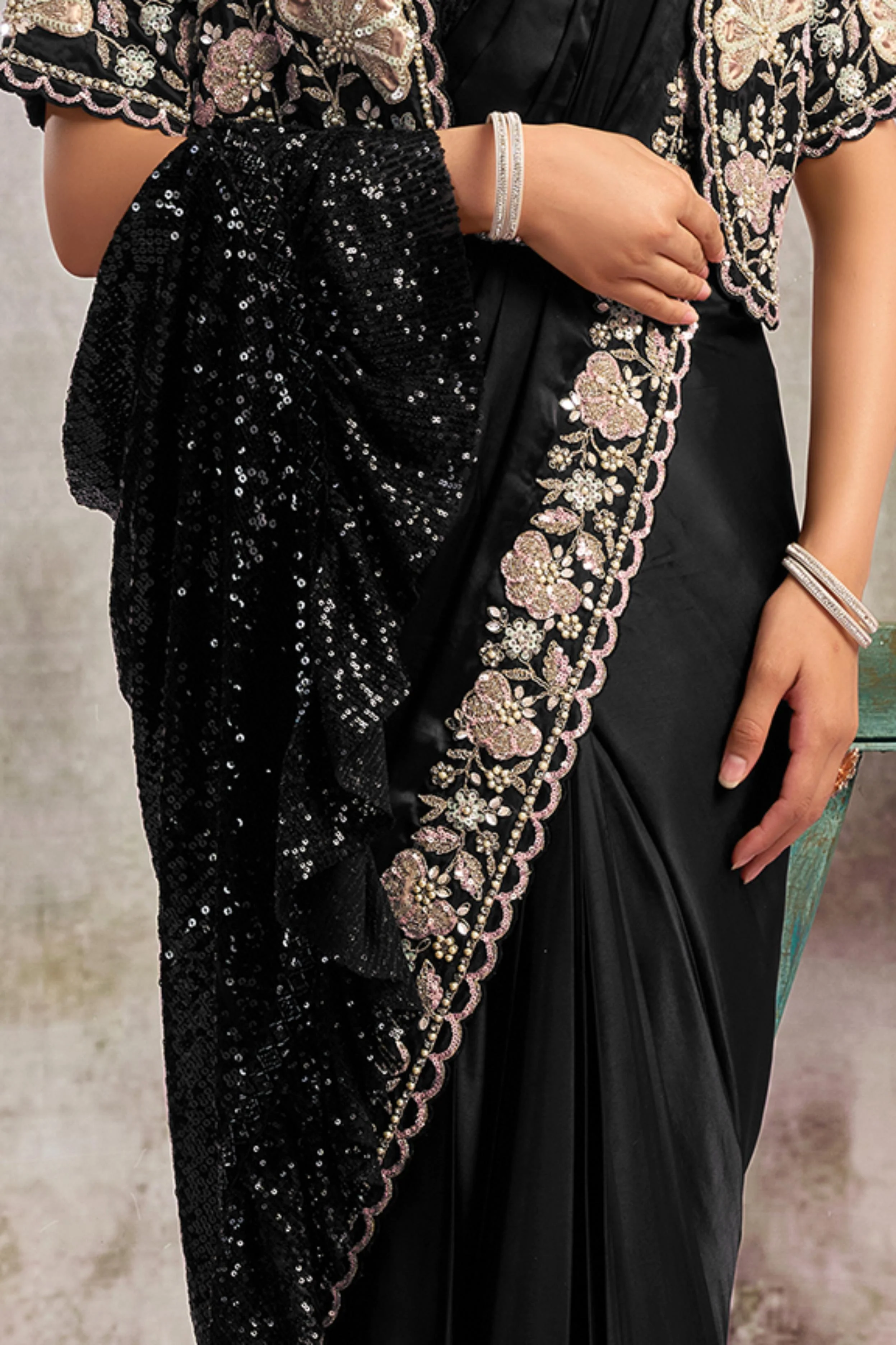 Midnight Black Embellished Satin Silk Draped Saree - Image 5