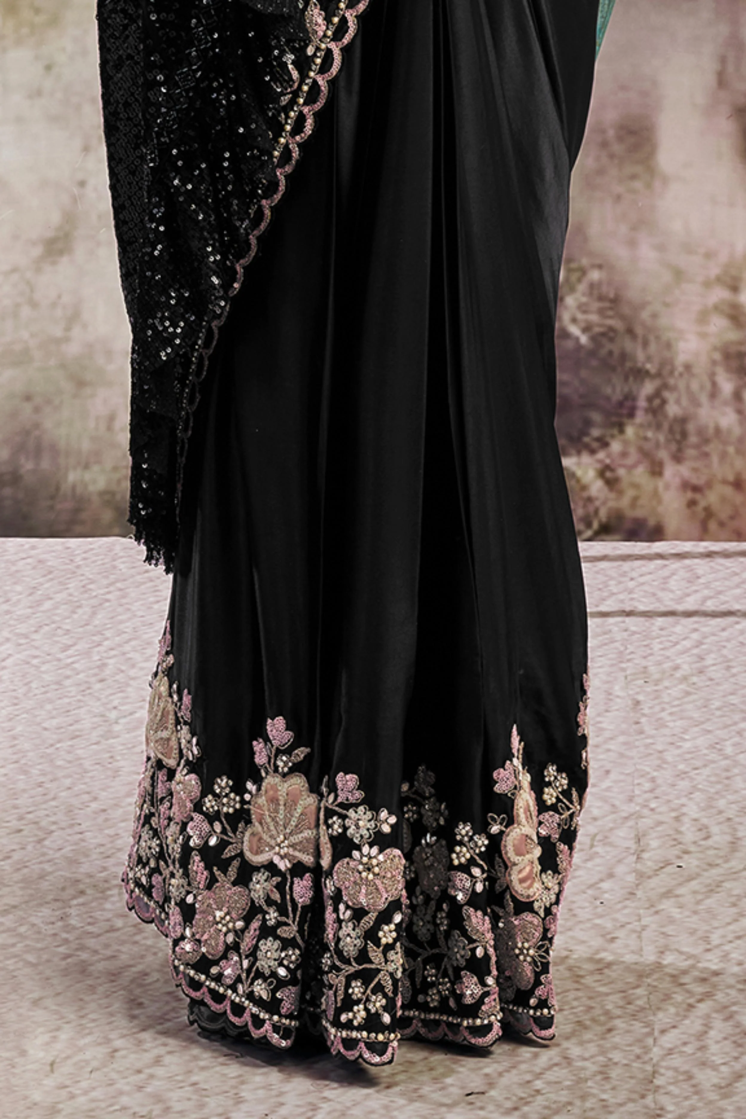 Midnight Black Embellished Satin Silk Draped Saree - Image 6