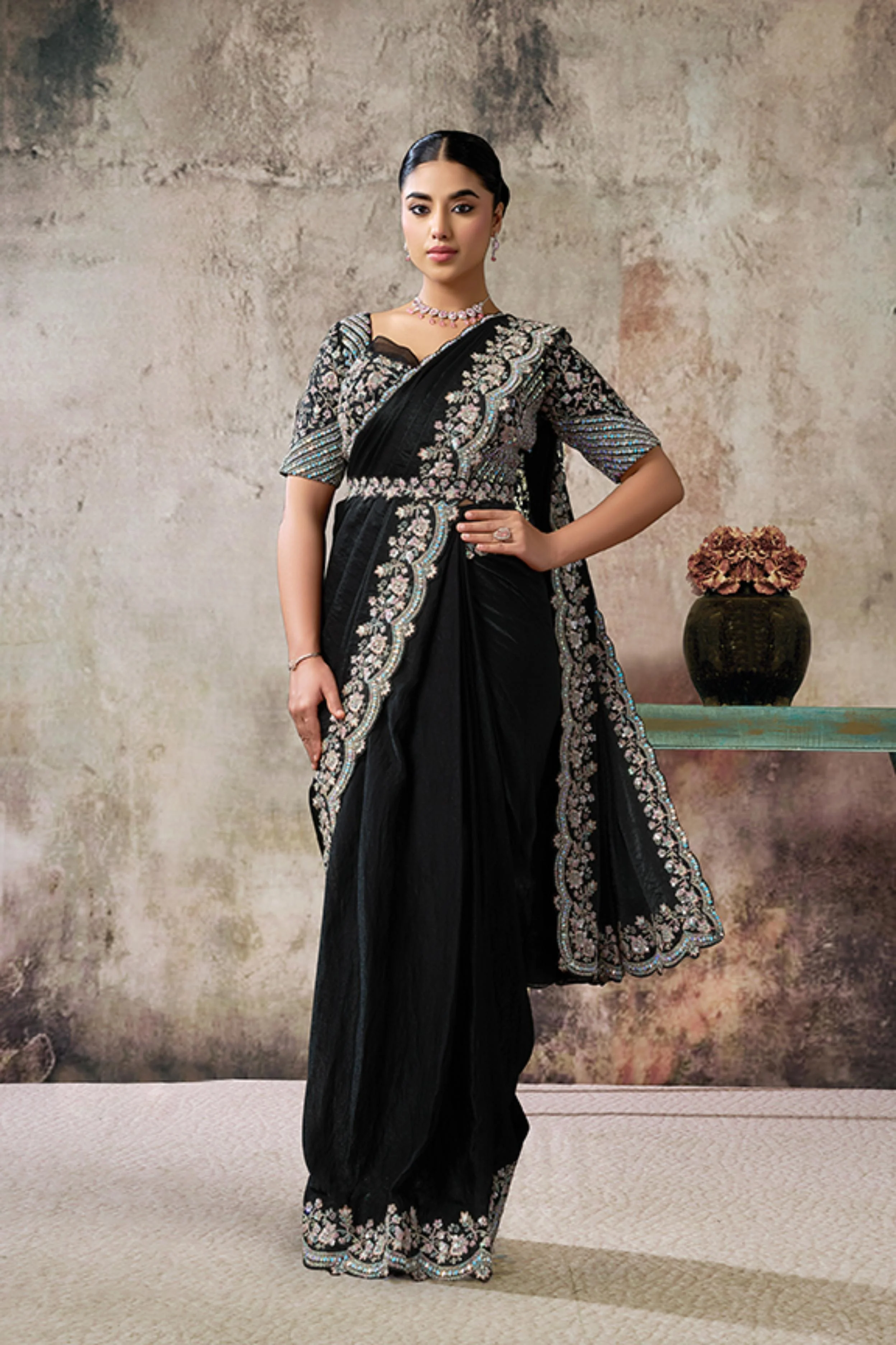 Midnight Onyx Embellished Satin Silk Draped Saree