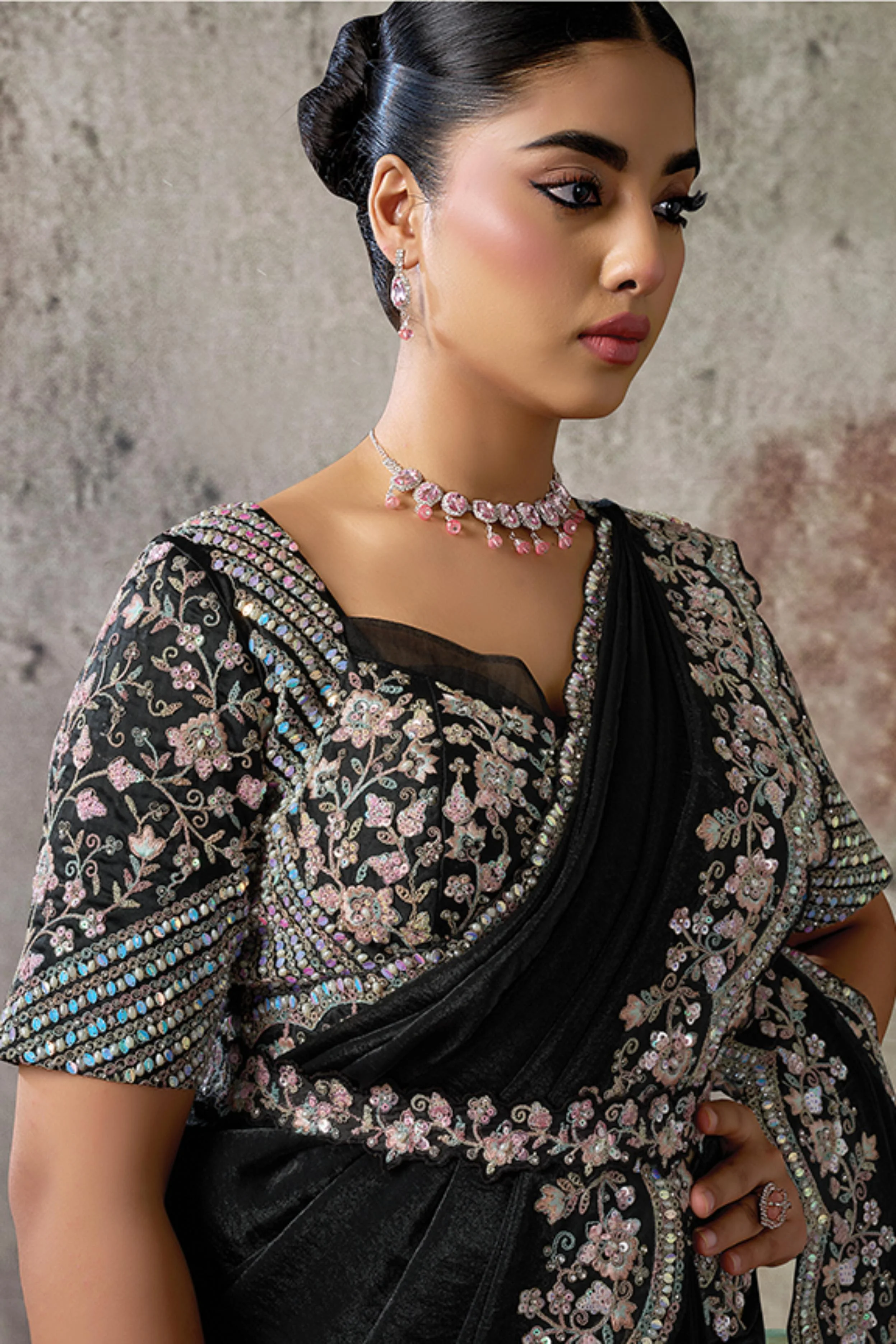 Midnight Onyx Embellished Satin Silk Draped Saree - Image 2