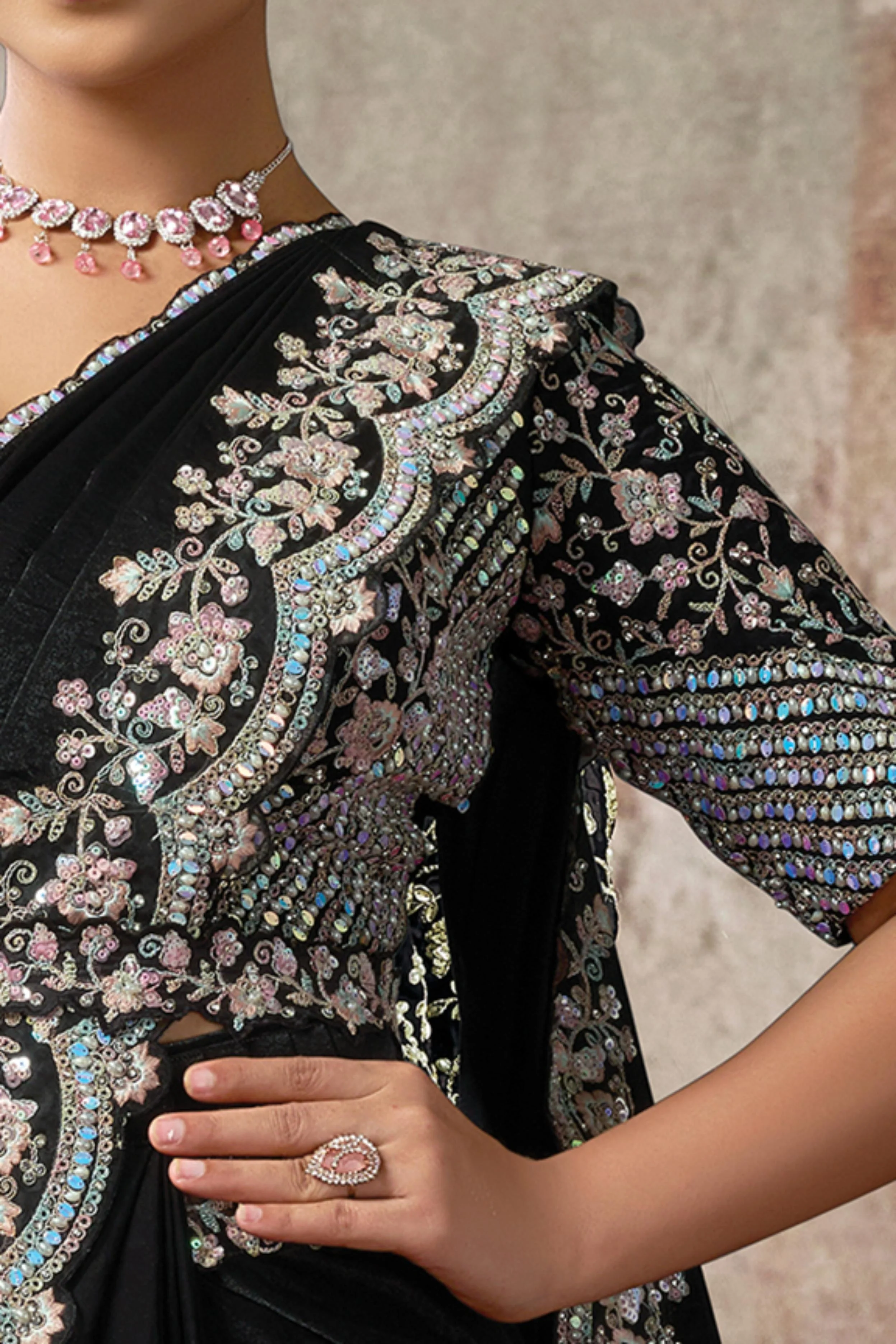 Midnight Onyx Embellished Satin Silk Draped Saree - Image 4