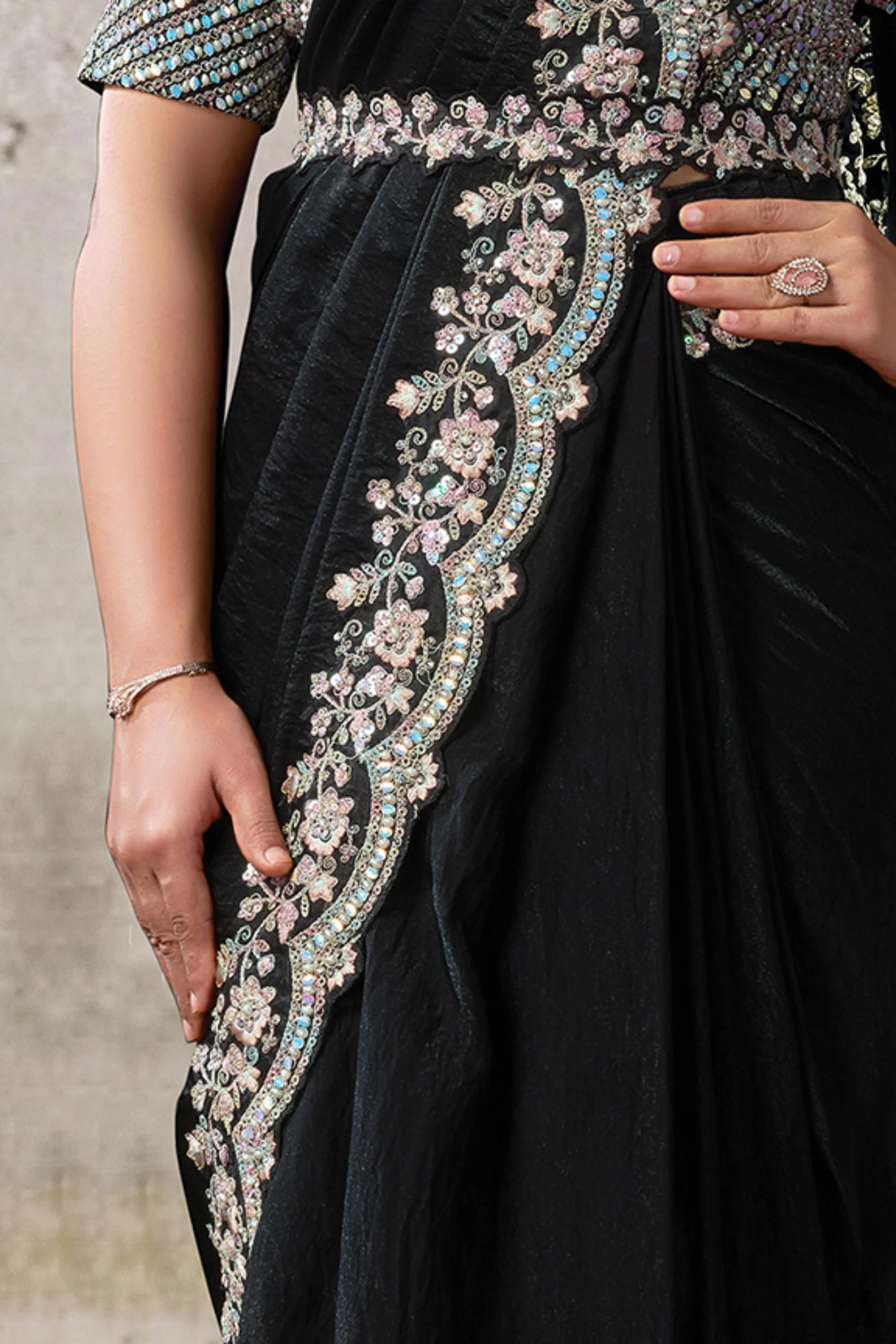 Midnight Onyx Embellished Satin Silk Draped Saree - Image 5