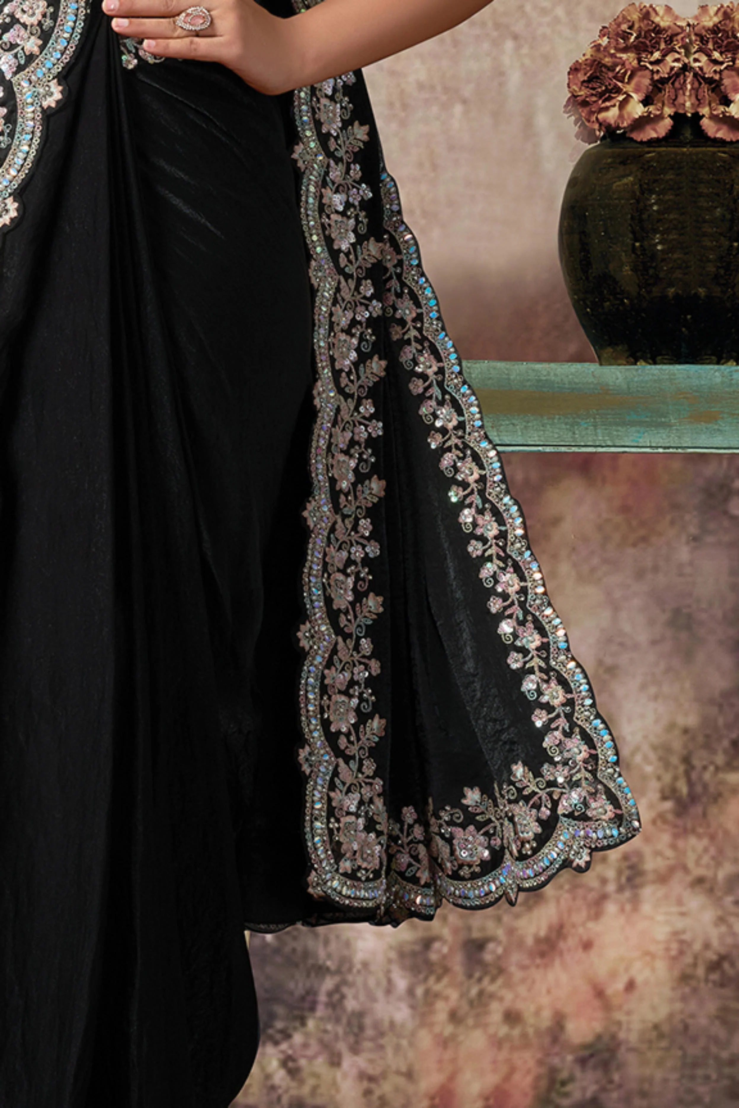 Midnight Onyx Embellished Satin Silk Draped Saree - Image 6