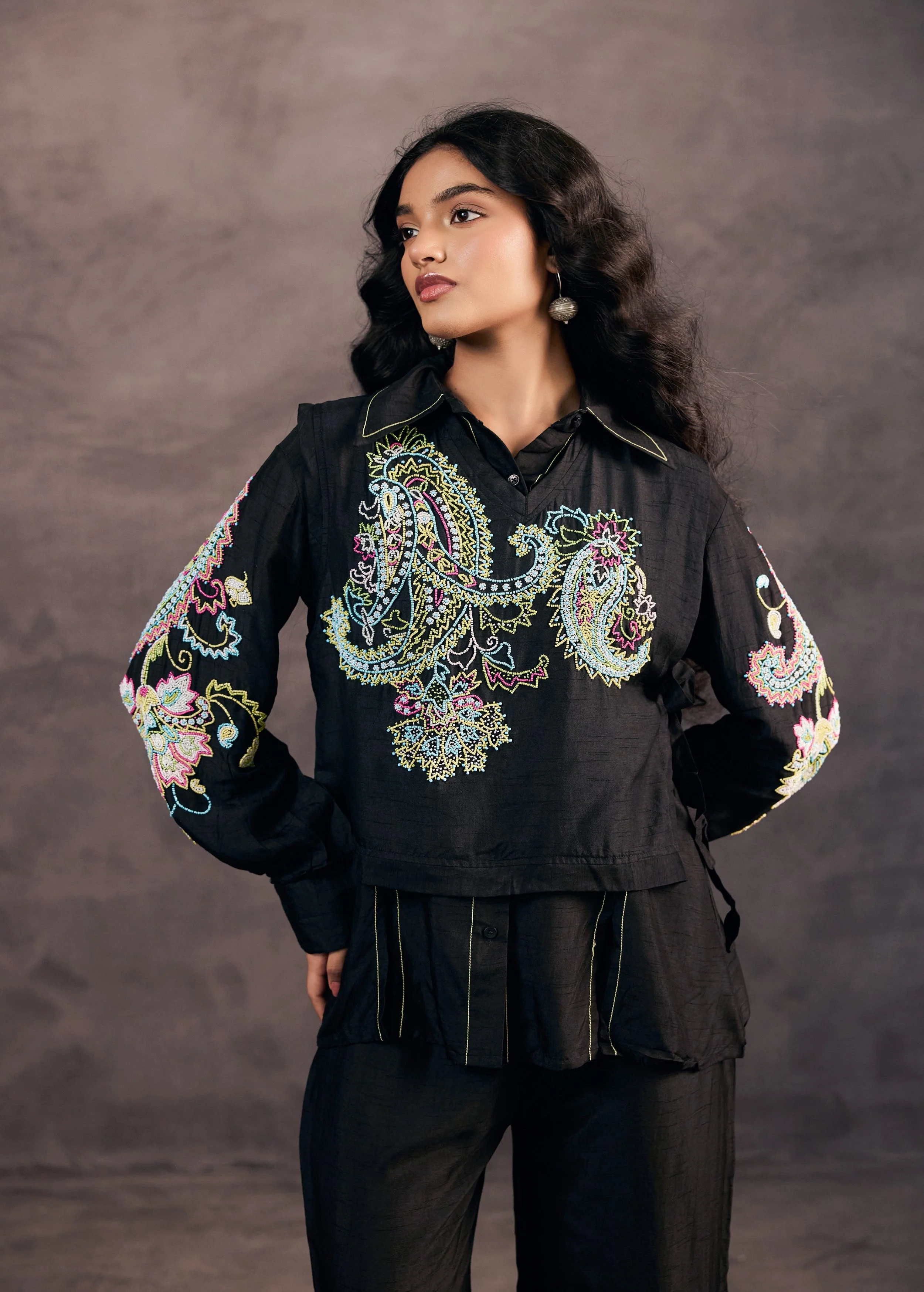 Midnight Black Embroidered Raw Silk Co-Ord Set - Image 2