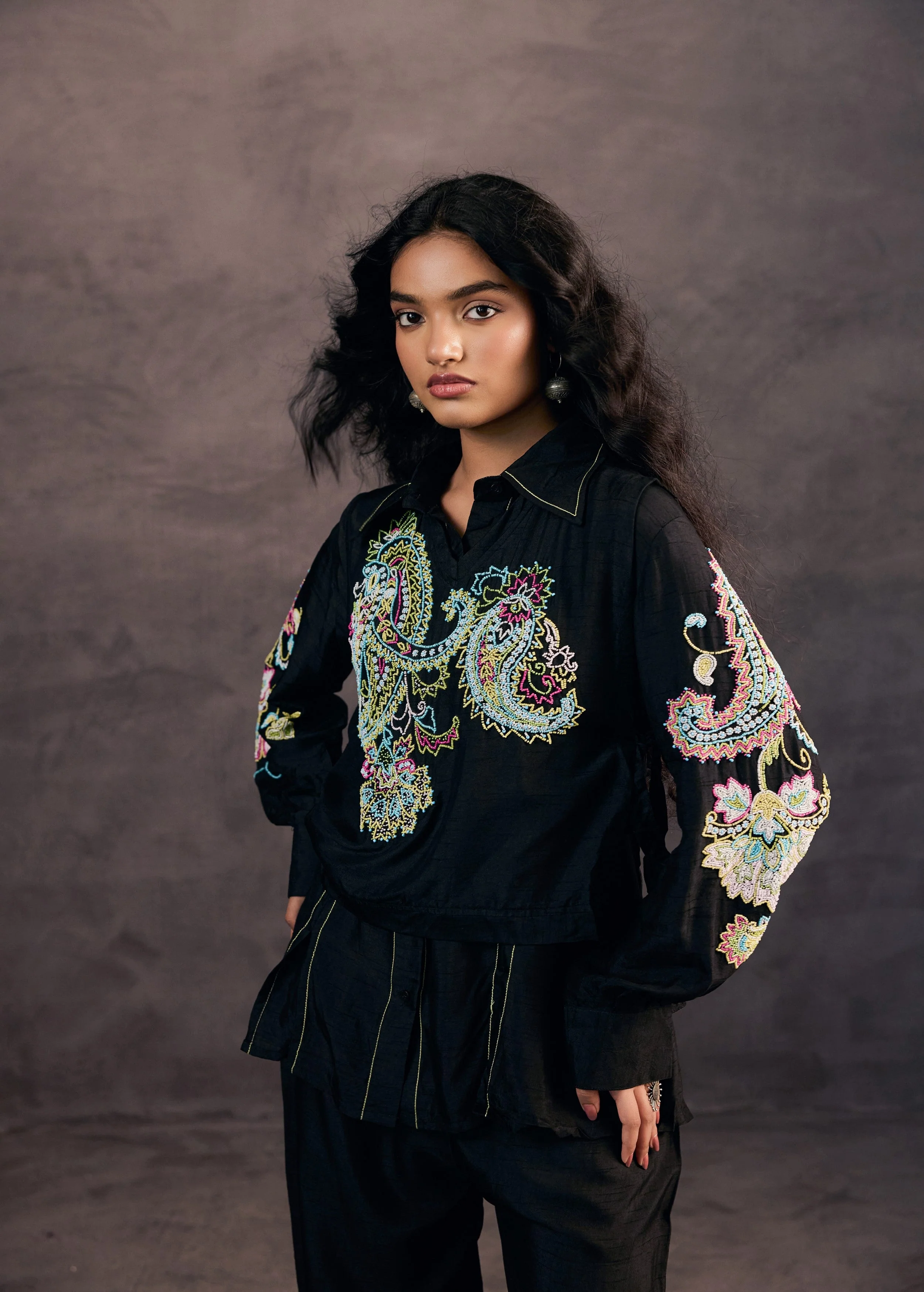 Midnight Black Embroidered Raw Silk Co-Ord Set - Image 3