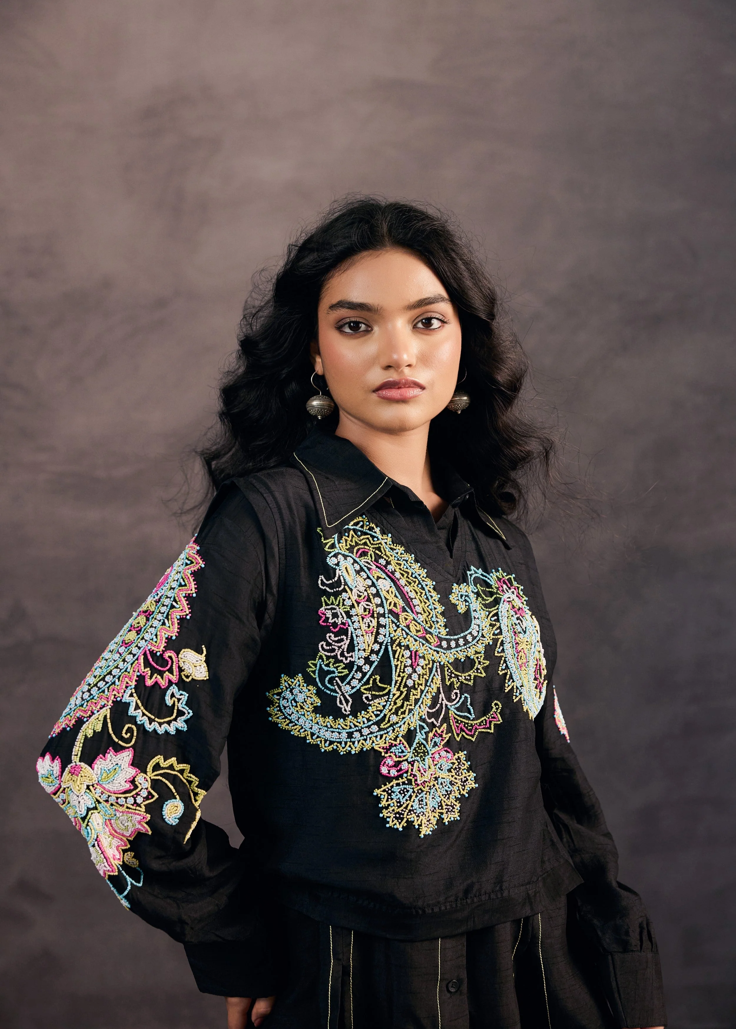 Midnight Black Embroidered Raw Silk Co-Ord Set - Image 4
