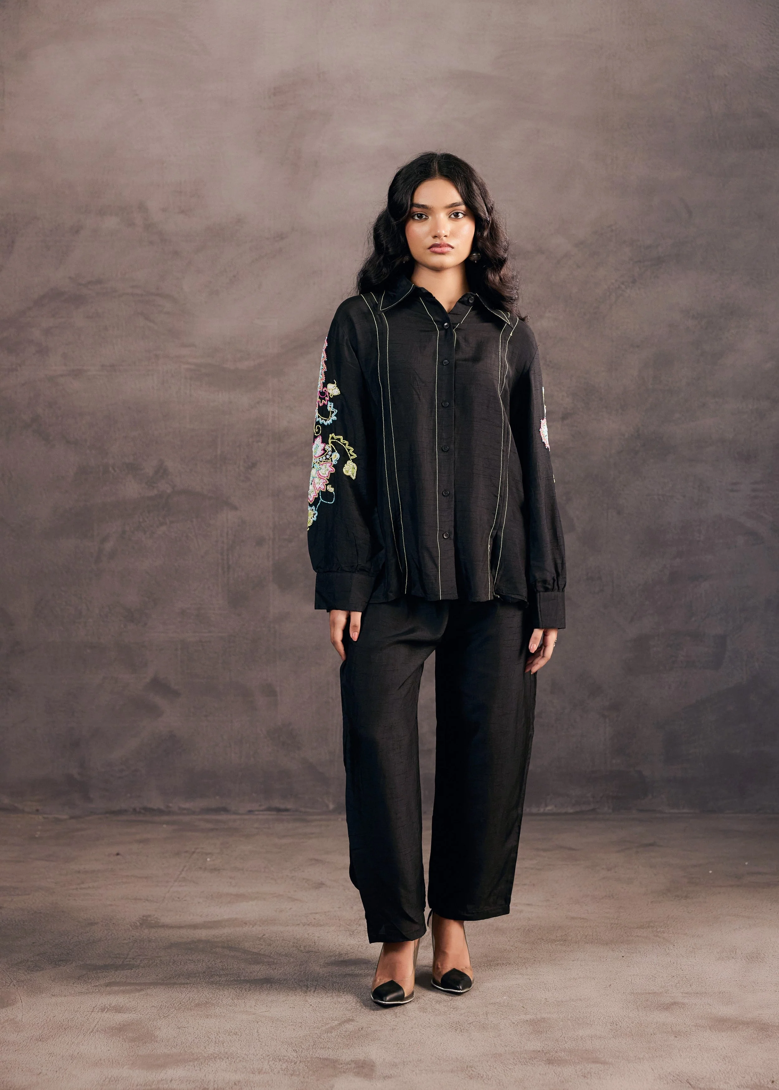 Midnight Black Embroidered Raw Silk Co-Ord Set - Image 5