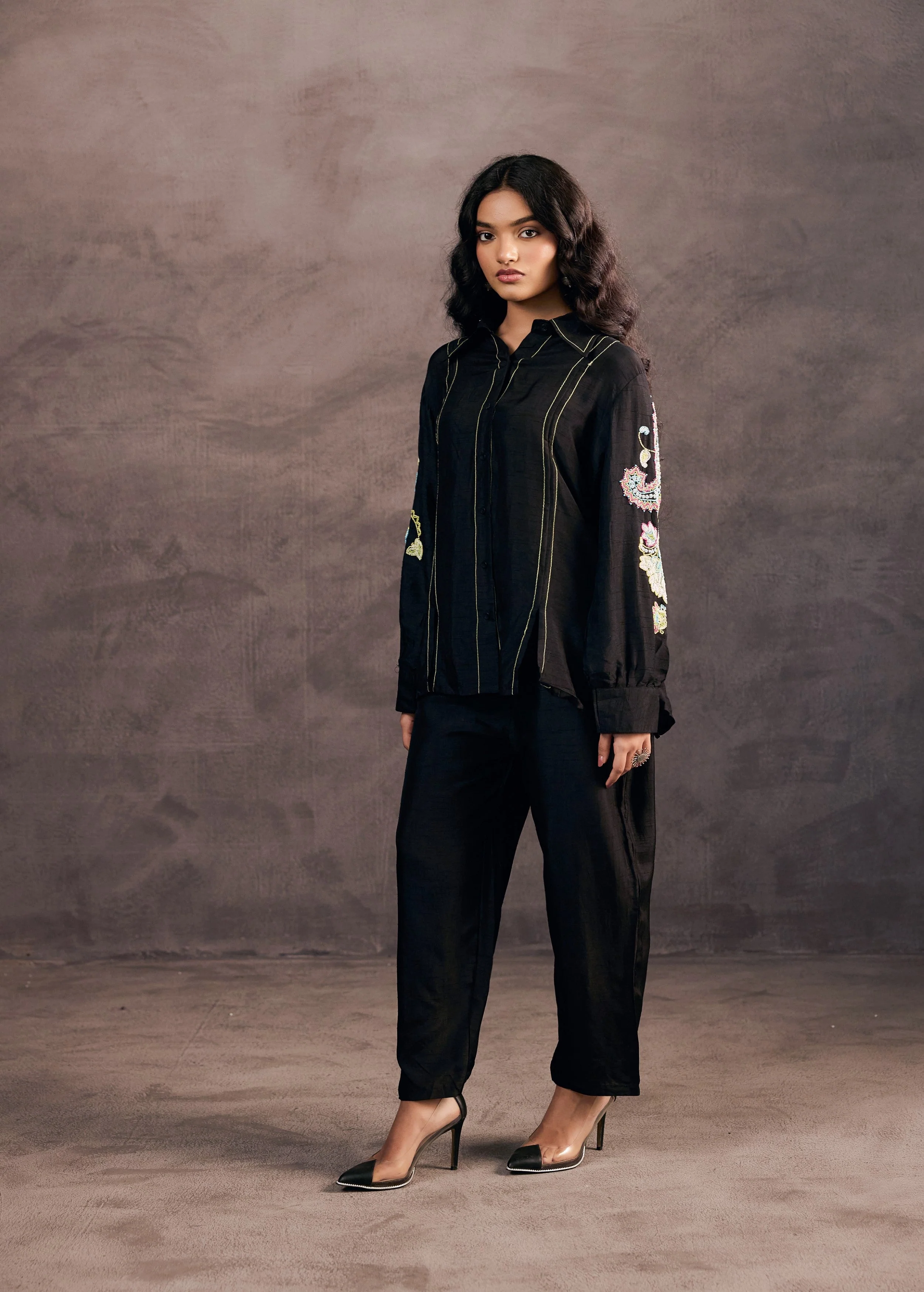 Midnight Black Embroidered Raw Silk Co-Ord Set - Image 6