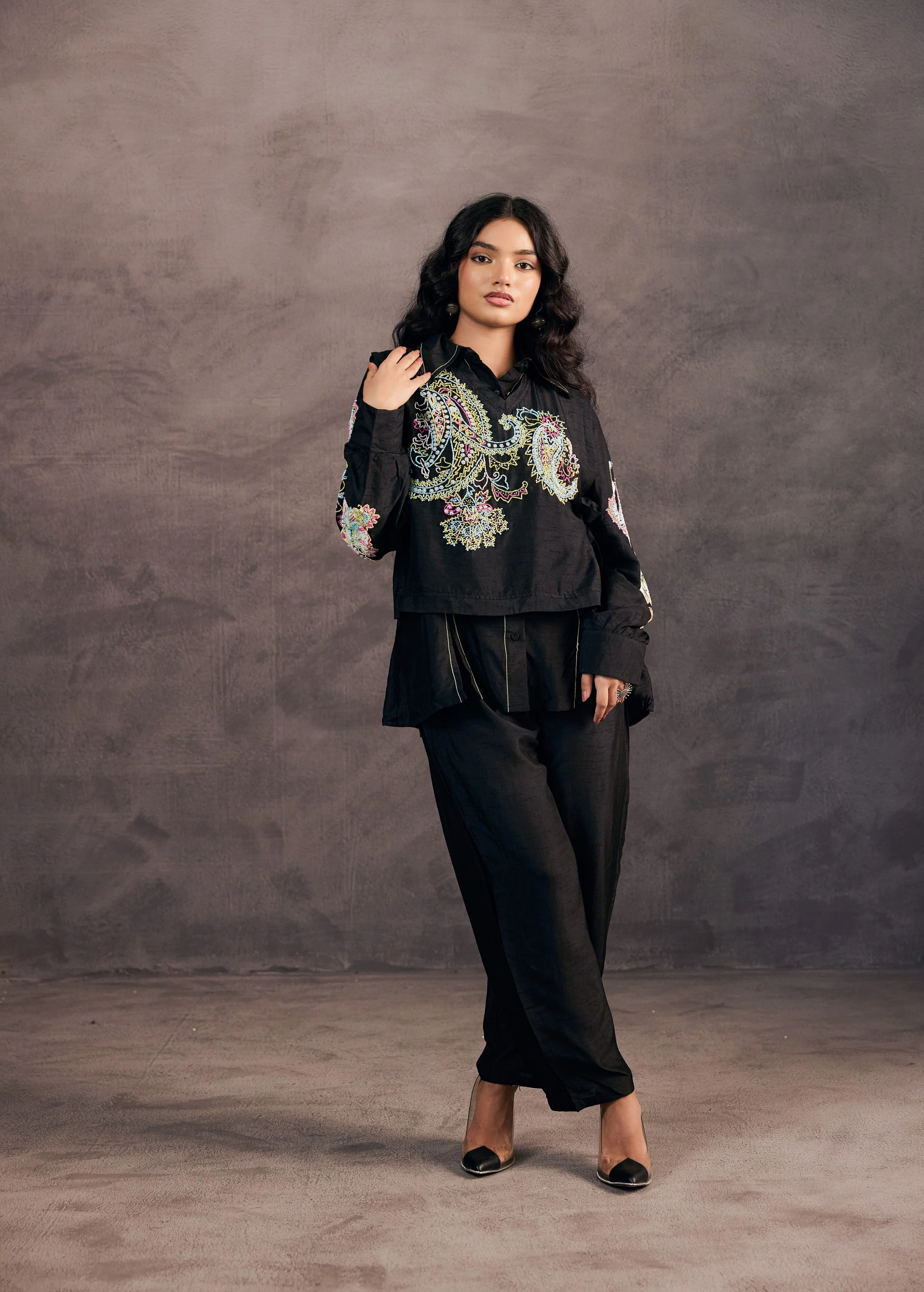 Midnight Black Embroidered Raw Silk Co-Ord Set - Image 7