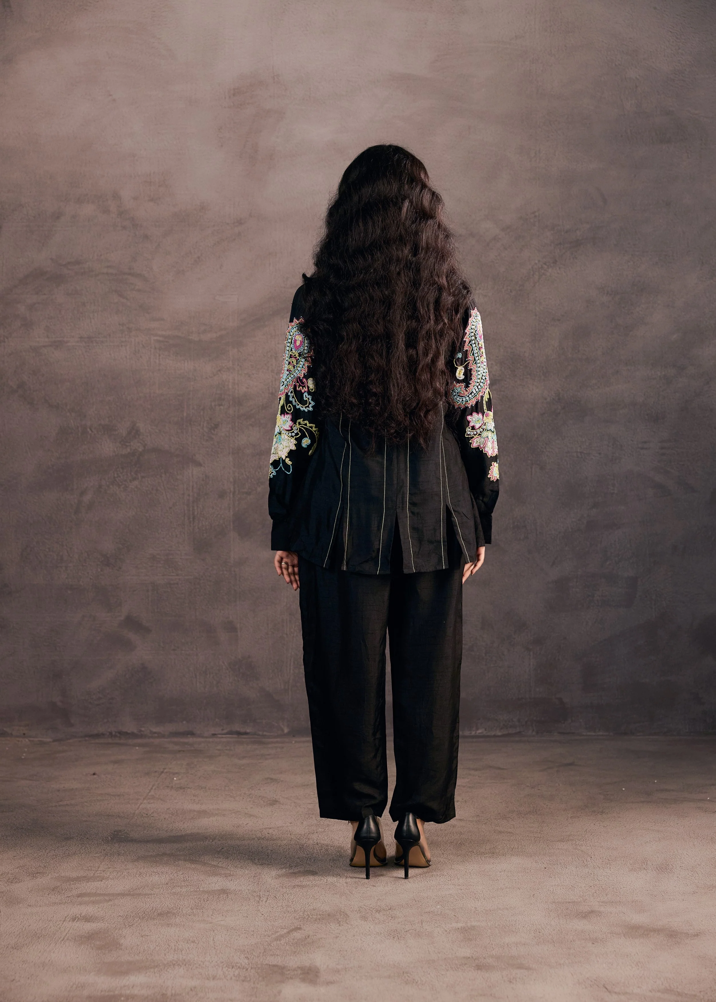 Midnight Black Embroidered Raw Silk Co-Ord Set - Image 8