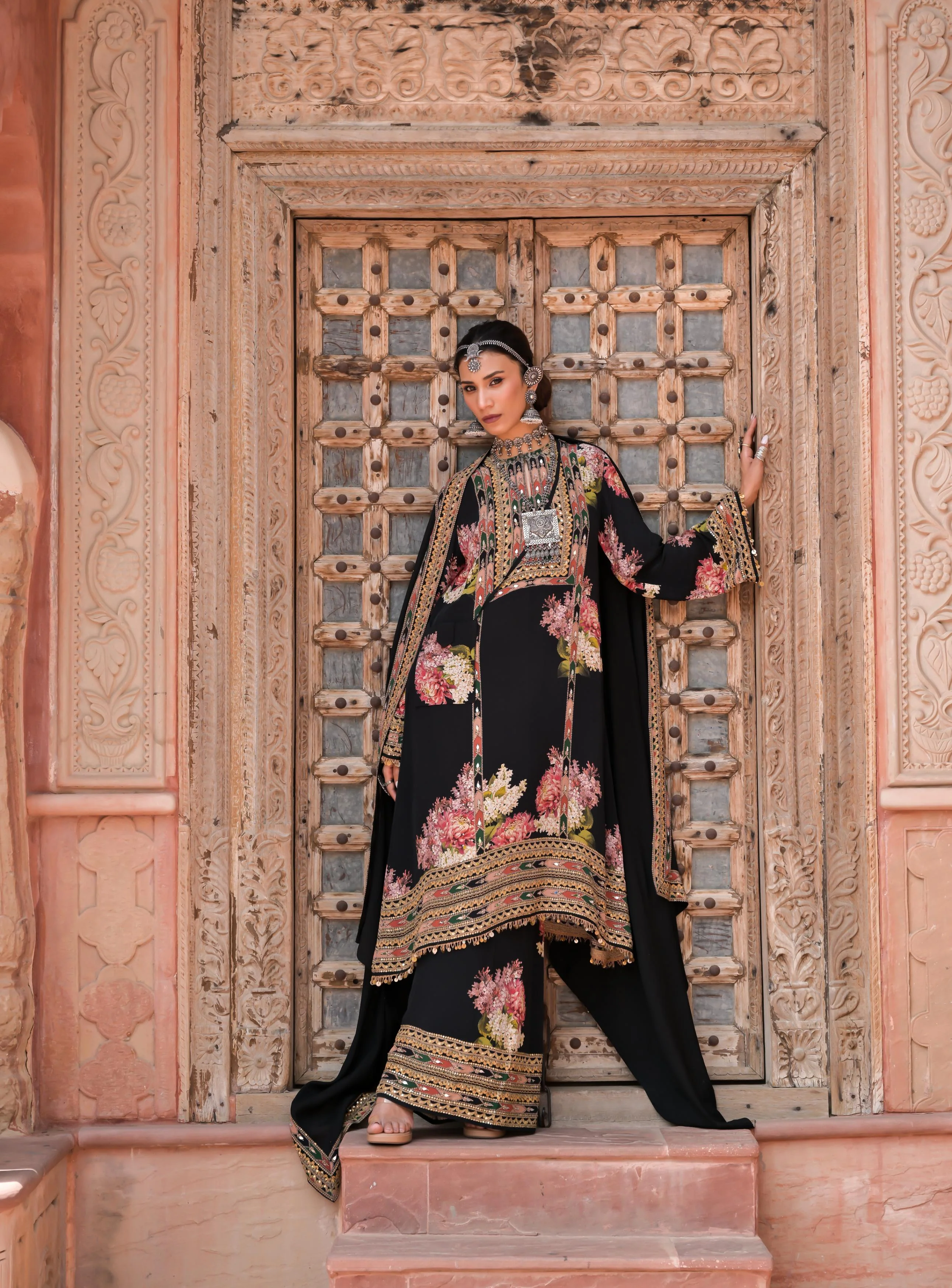 Classic Black Printed Embellished Crepe Silk Palazzo Set - Image 2
