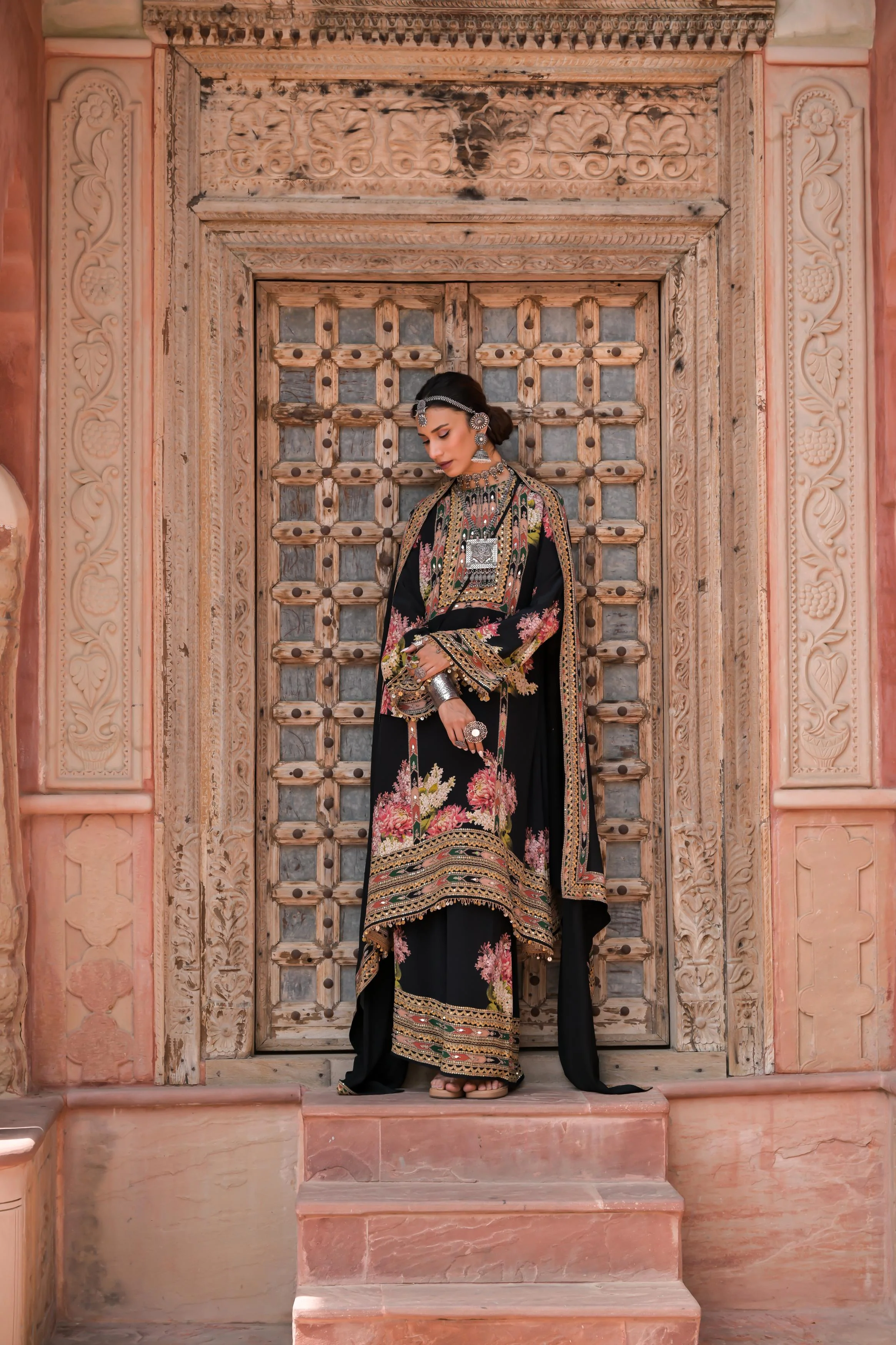 Classic Black Printed Embellished Crepe Silk Palazzo Set - Image 3