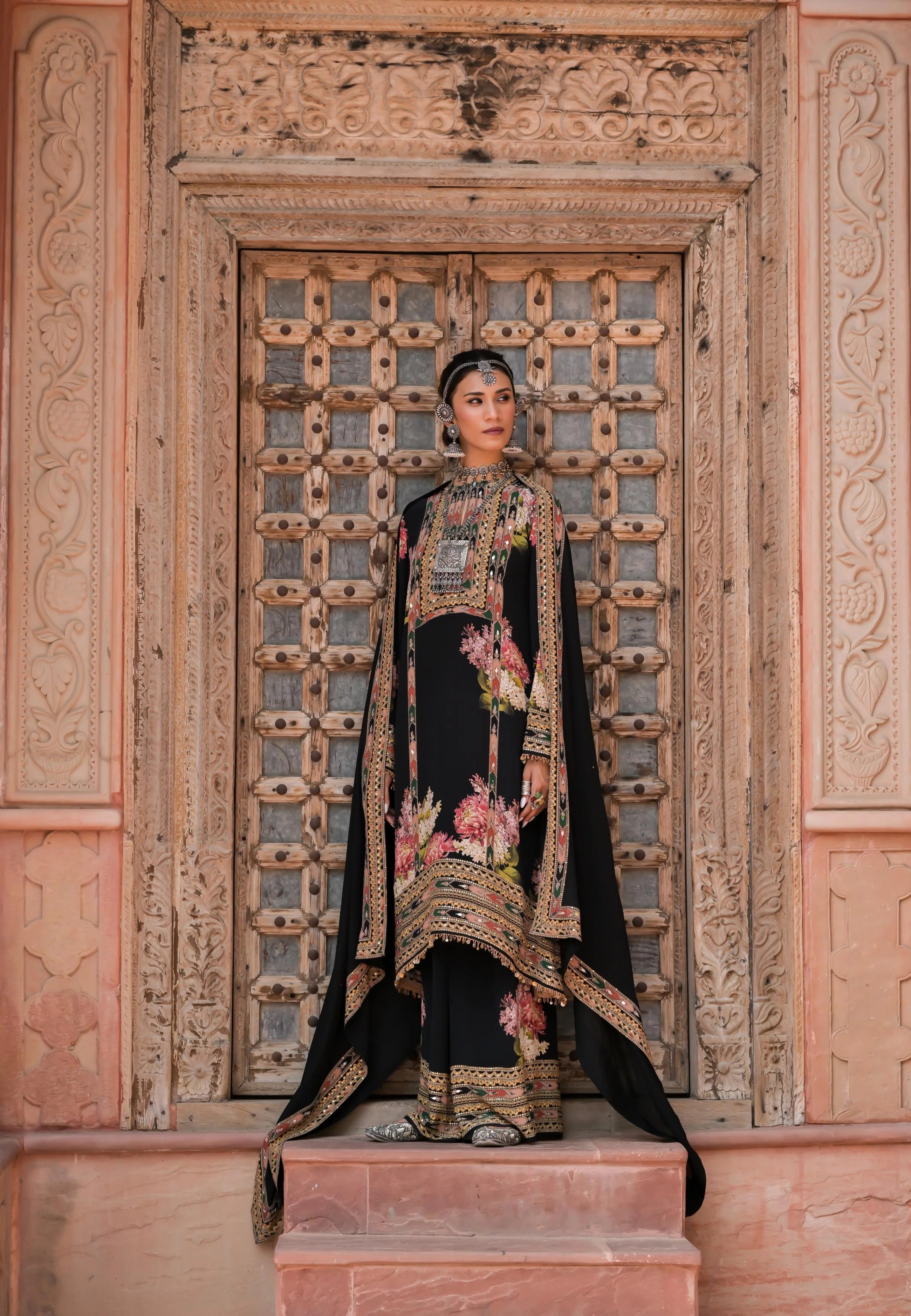 Classic Black Printed Embellished Crepe Silk Palazzo Set - Image 4