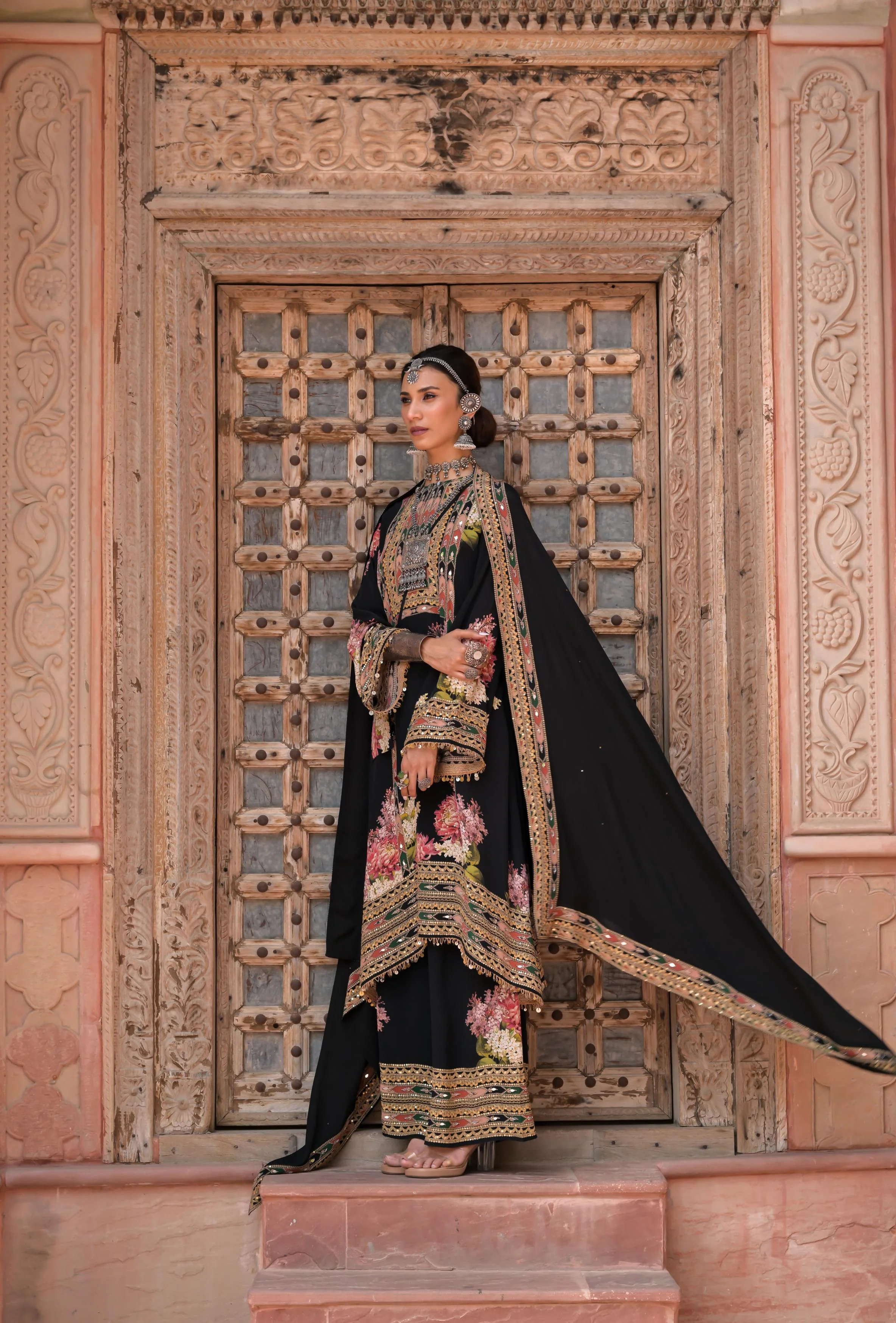 Classic Black Printed Embellished Crepe Silk Palazzo Set - Image 5