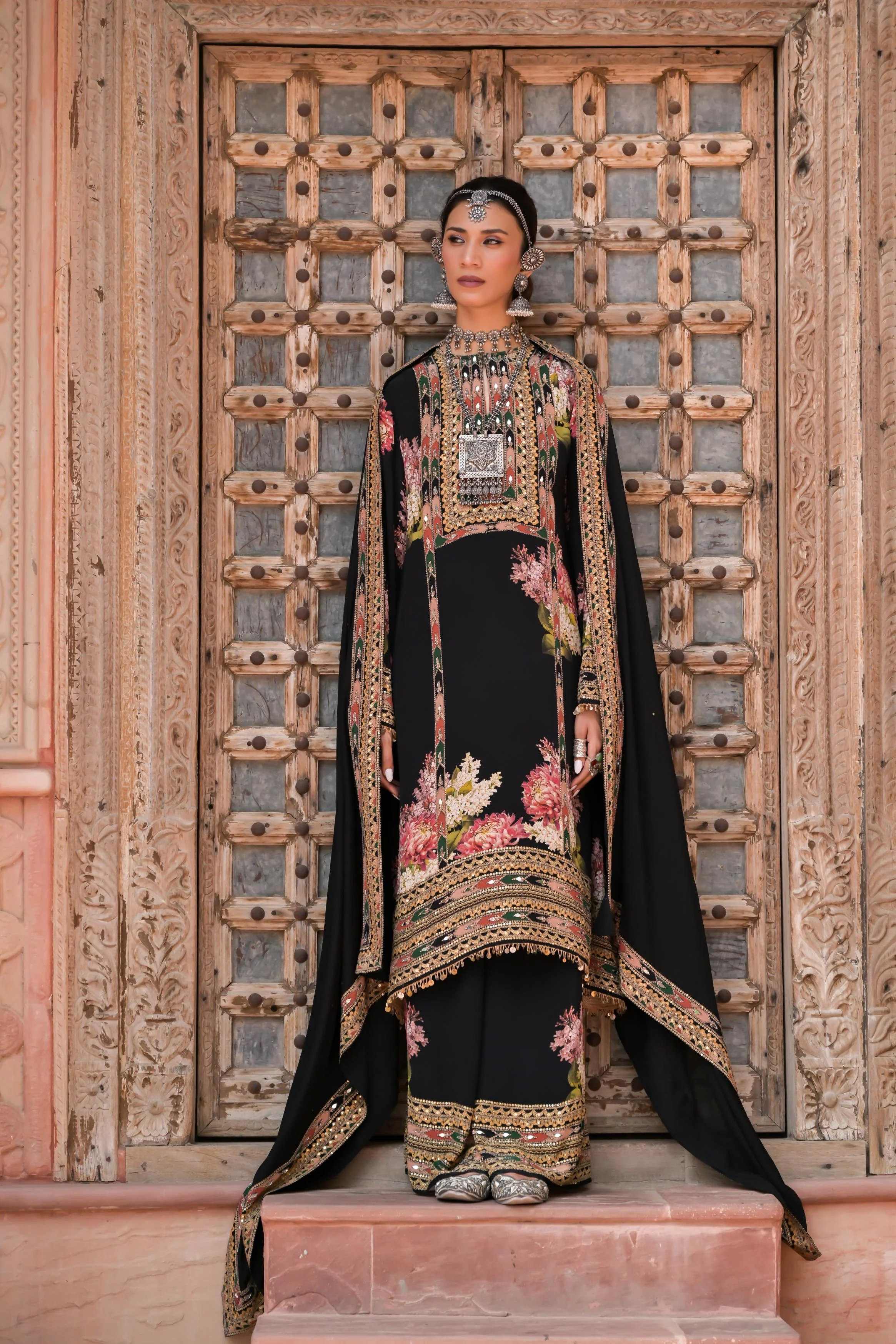 Classic Black Printed Embellished Crepe Silk Palazzo Set - Image 6
