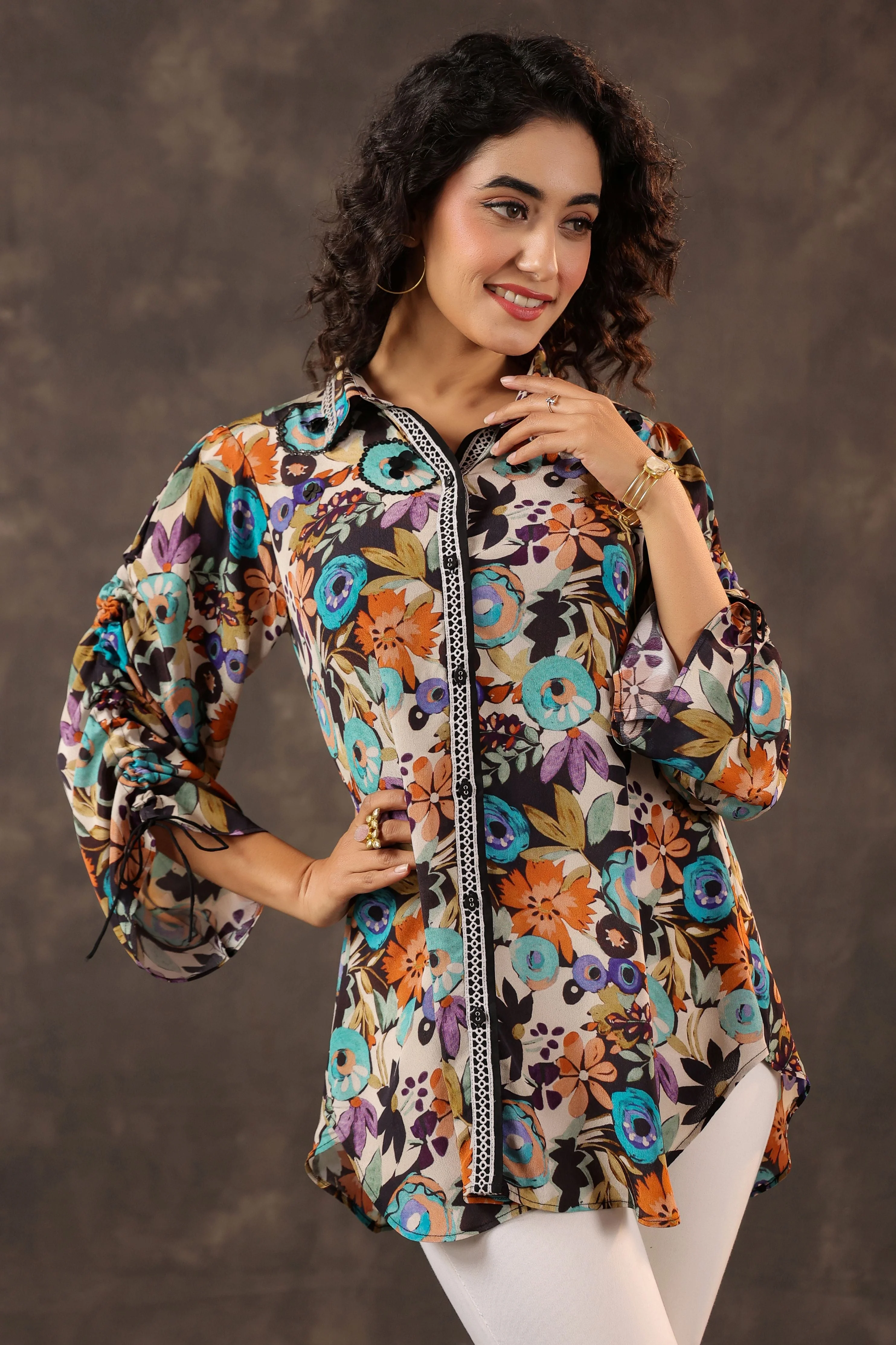 Midnight Bloom Printed Crepe Silk Ruched Top - Image 2