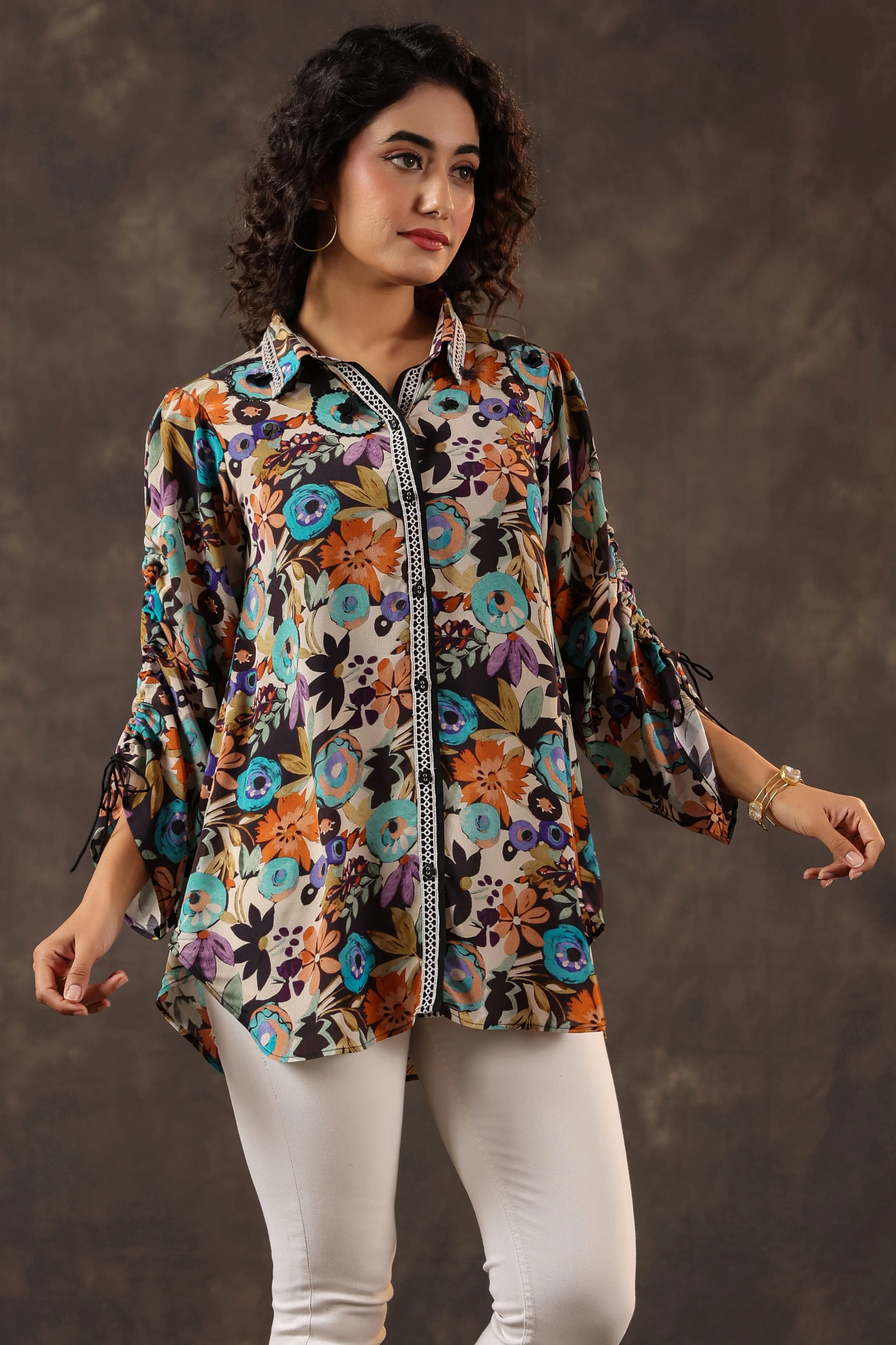 Midnight Bloom Printed Crepe Silk Ruched Top - Image 3