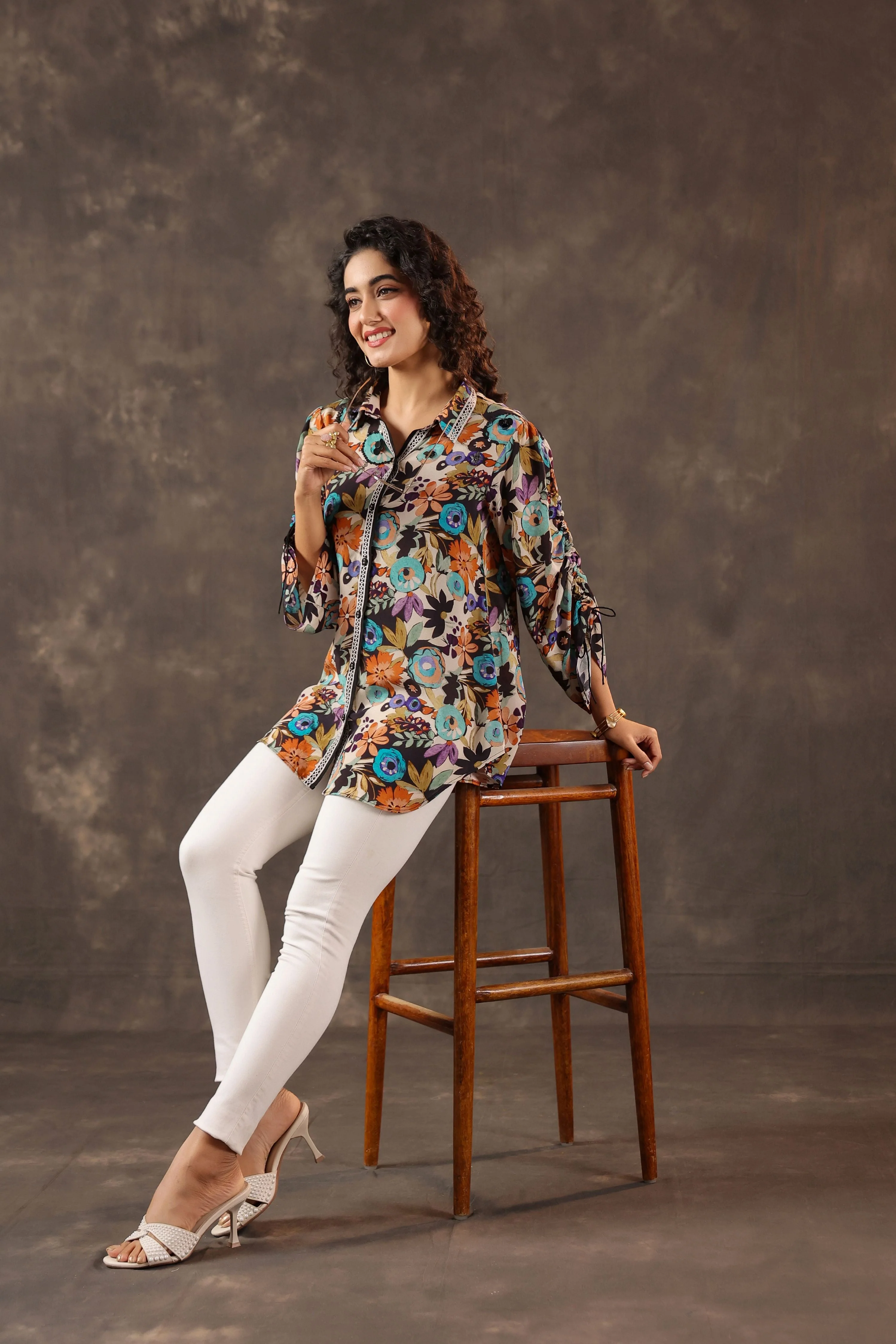 Midnight Bloom Printed Crepe Silk Ruched Top - Image 4
