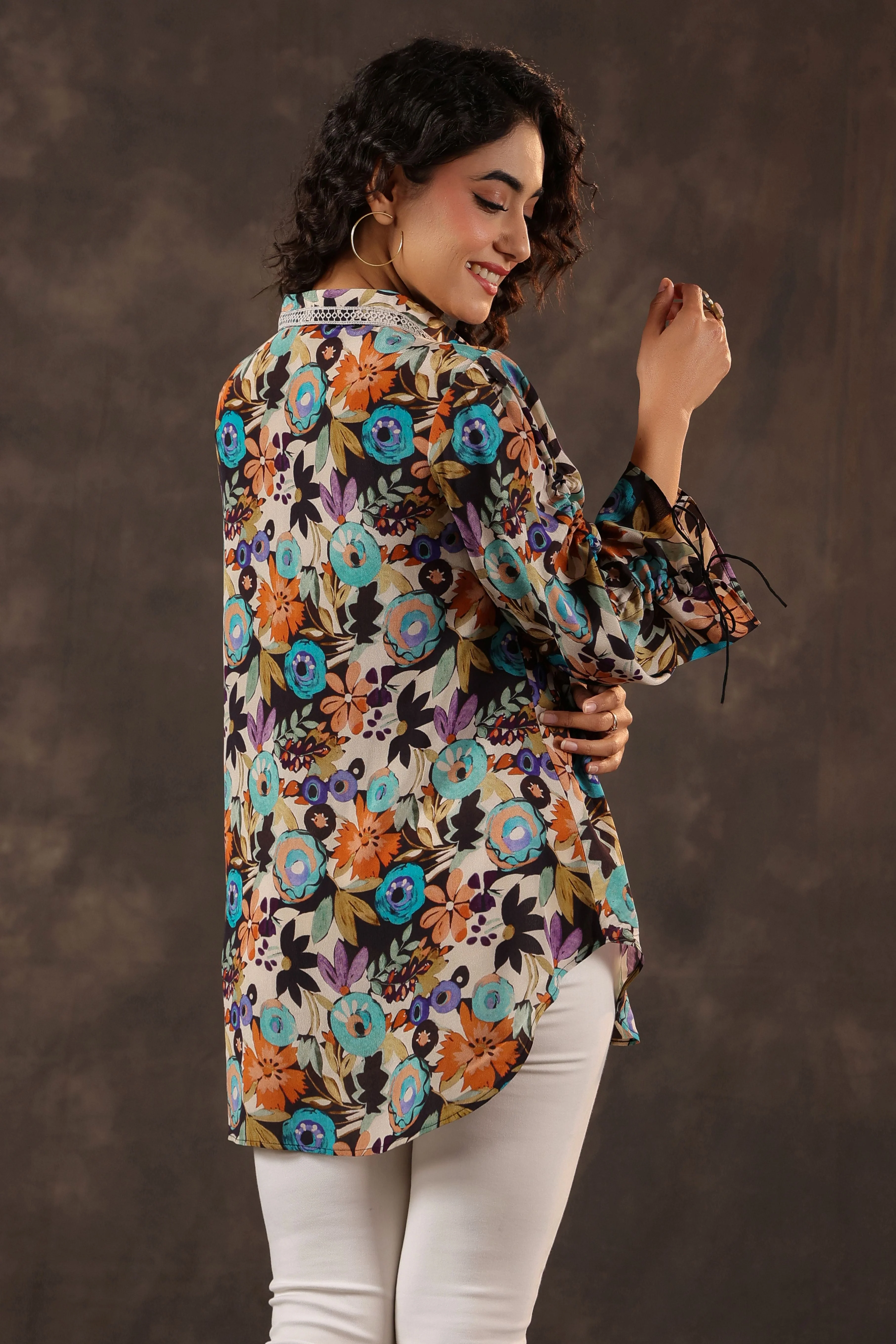 Midnight Bloom Printed Crepe Silk Ruched Top - Image 5