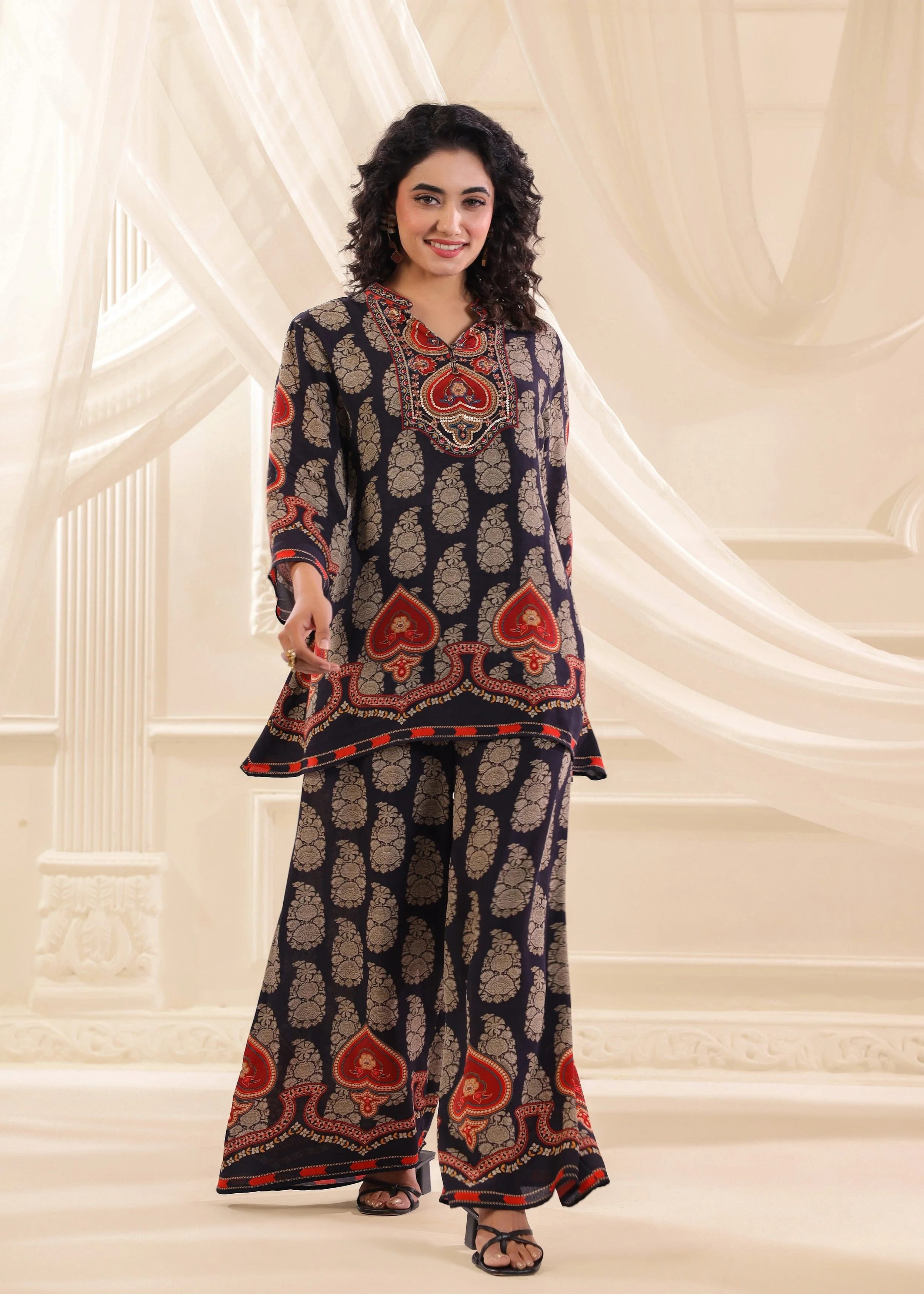 Midnight Blue Embellished Crepe Silk Co-Ord Set - Image 3